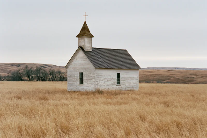 Small weathered wooden church with steeple and cross standing in a dry grassy prairie field under overcast sky