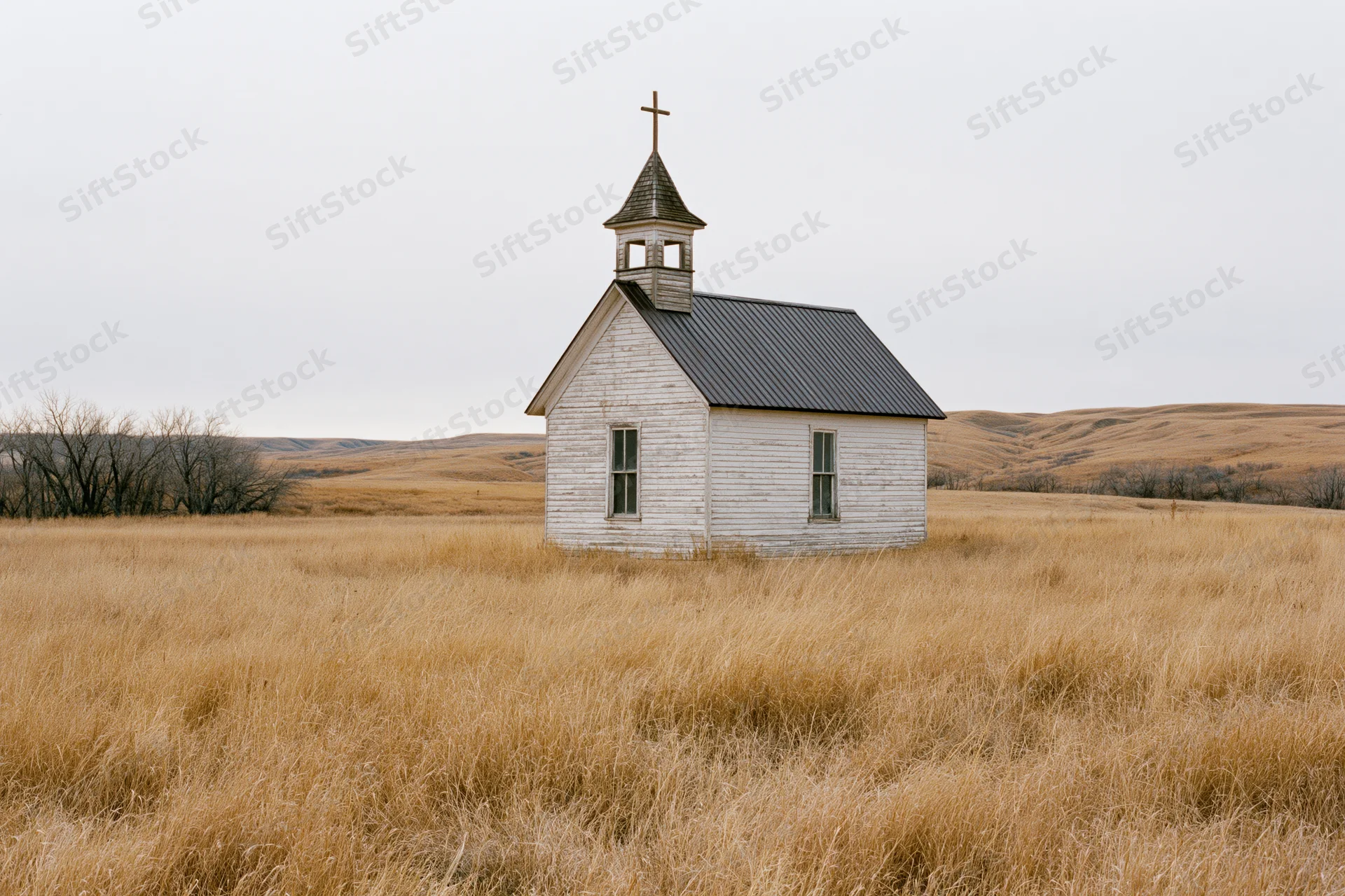 Small weathered wooden church with steeple and cross standing in a dry grassy prairie field