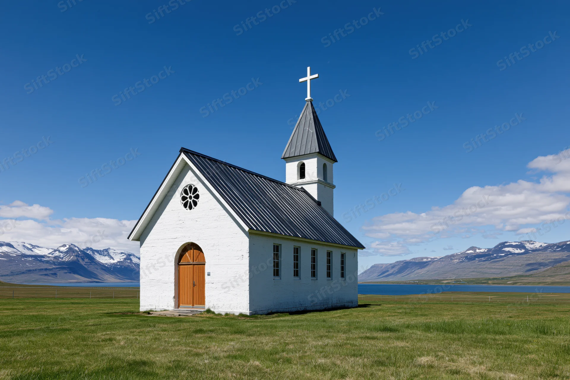 Small white church with arched wooden door and steeple in grassy field near lake and mountains