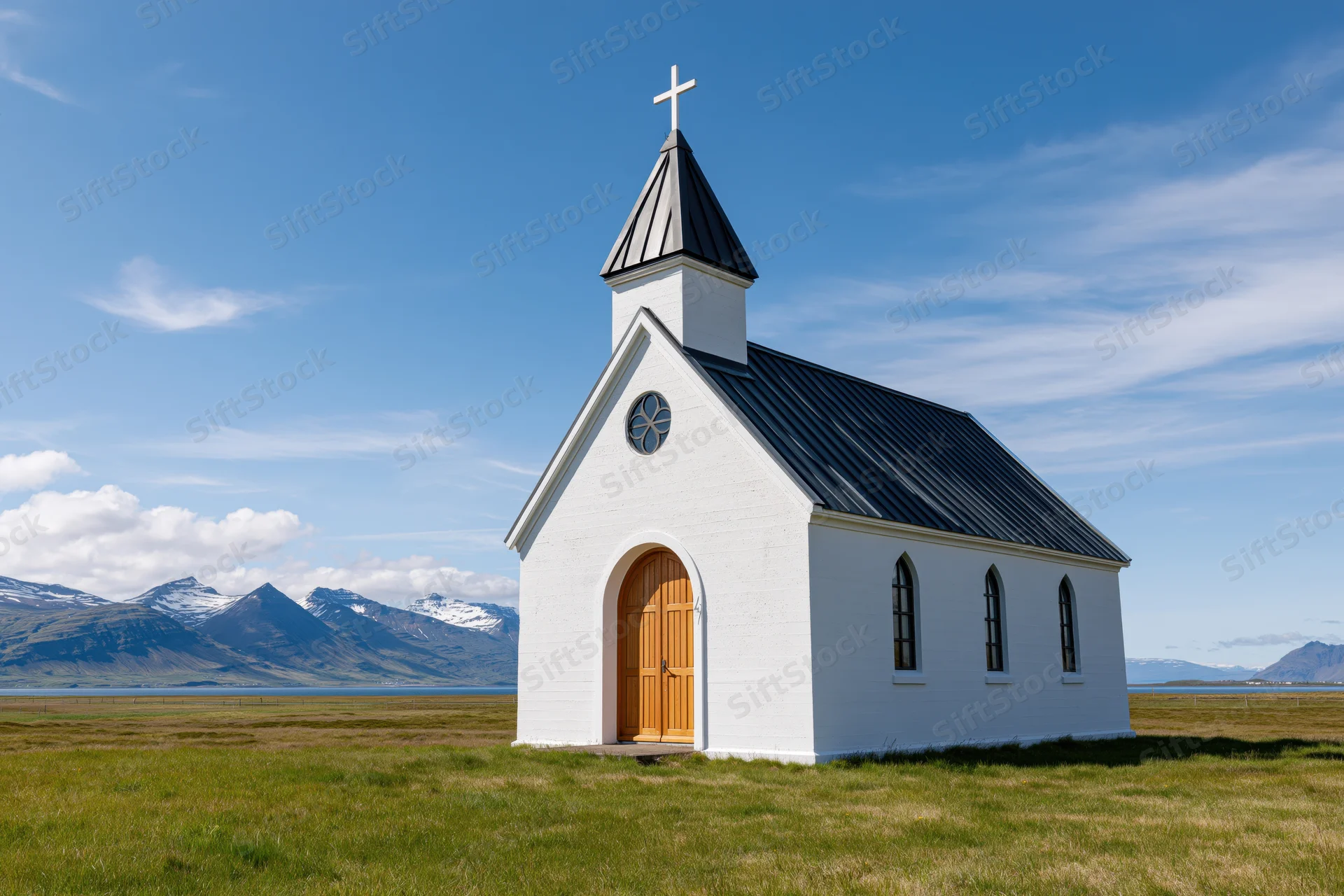 Small white icelandic church with wooden arched door in grassy field near snow-capped mountains