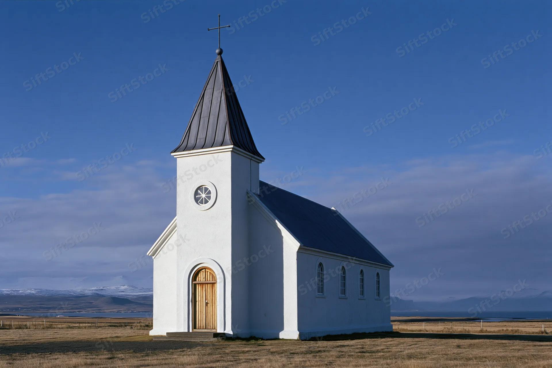 Small white church with dark metal steeple and cross standing in open rural field under clear blue sky