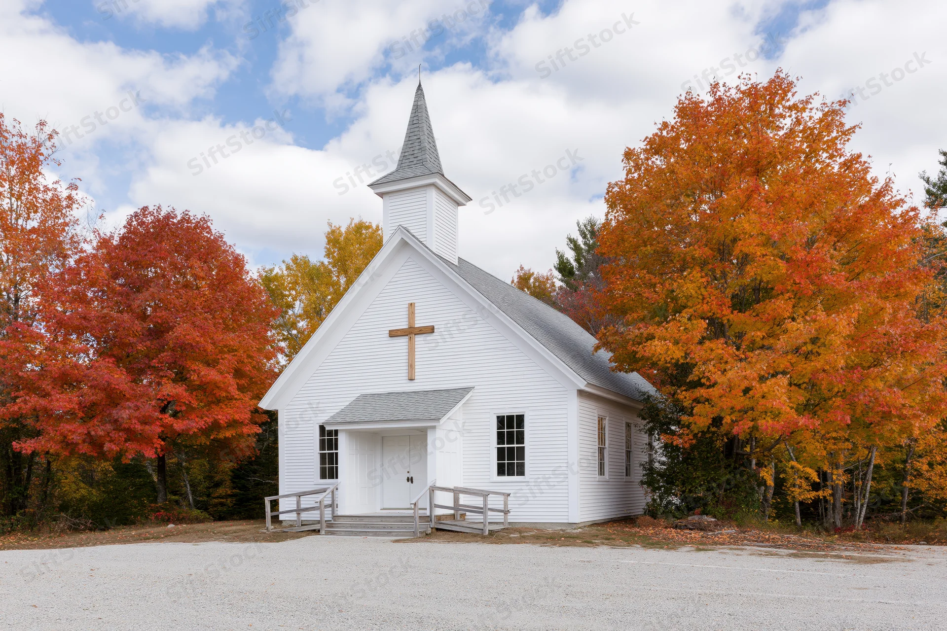 Small white baptist church with wooden cross on steeple surrounded by autumn trees in rural setting