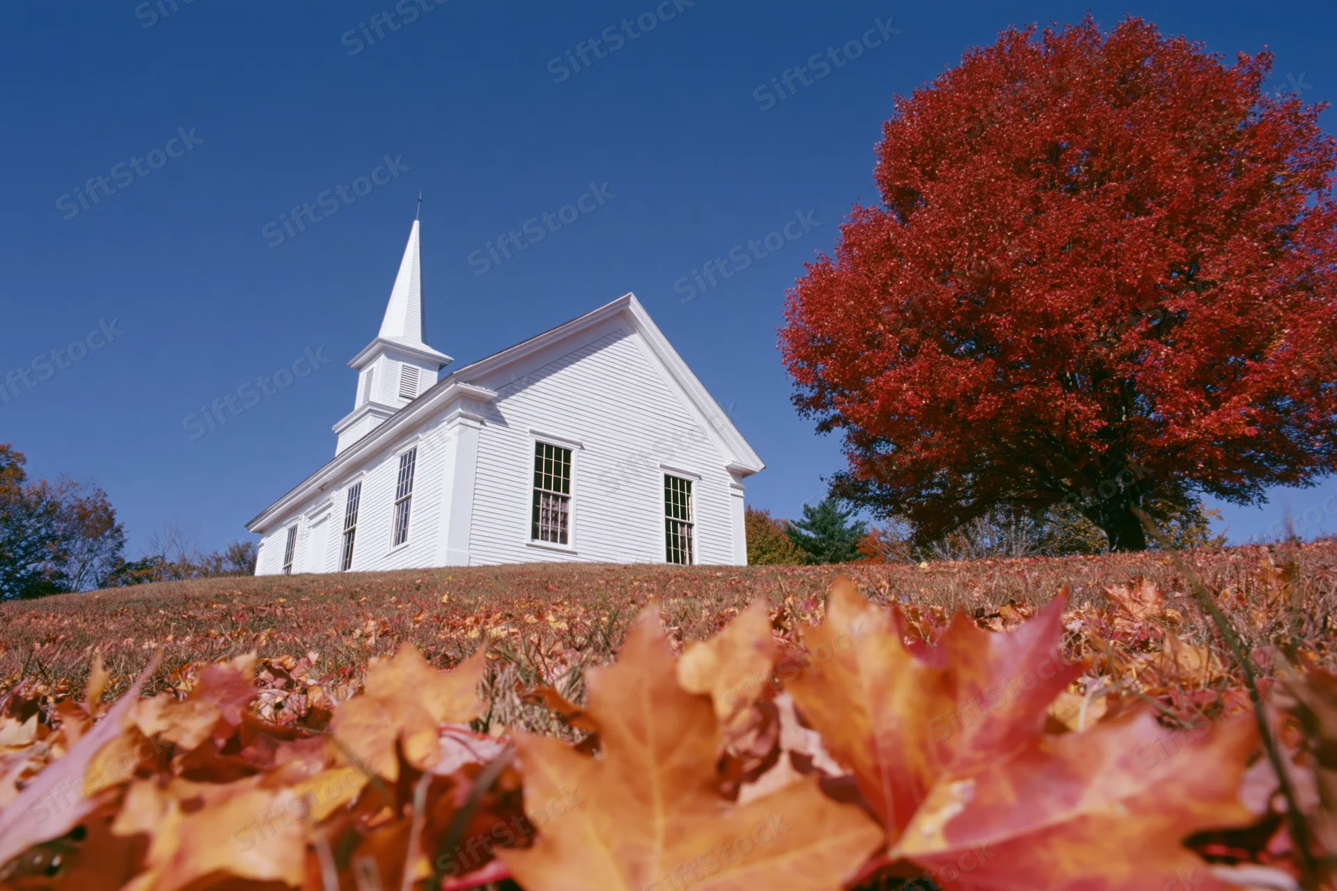 White clapboard church with steeple on a hill surrounded by autumn foliage under a clear blue sky