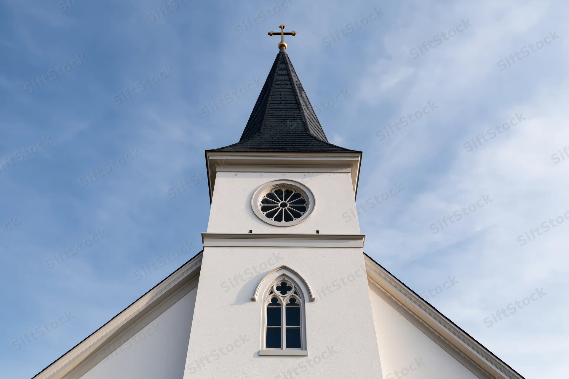 White protestant church facade with steeple and cross against blue sky