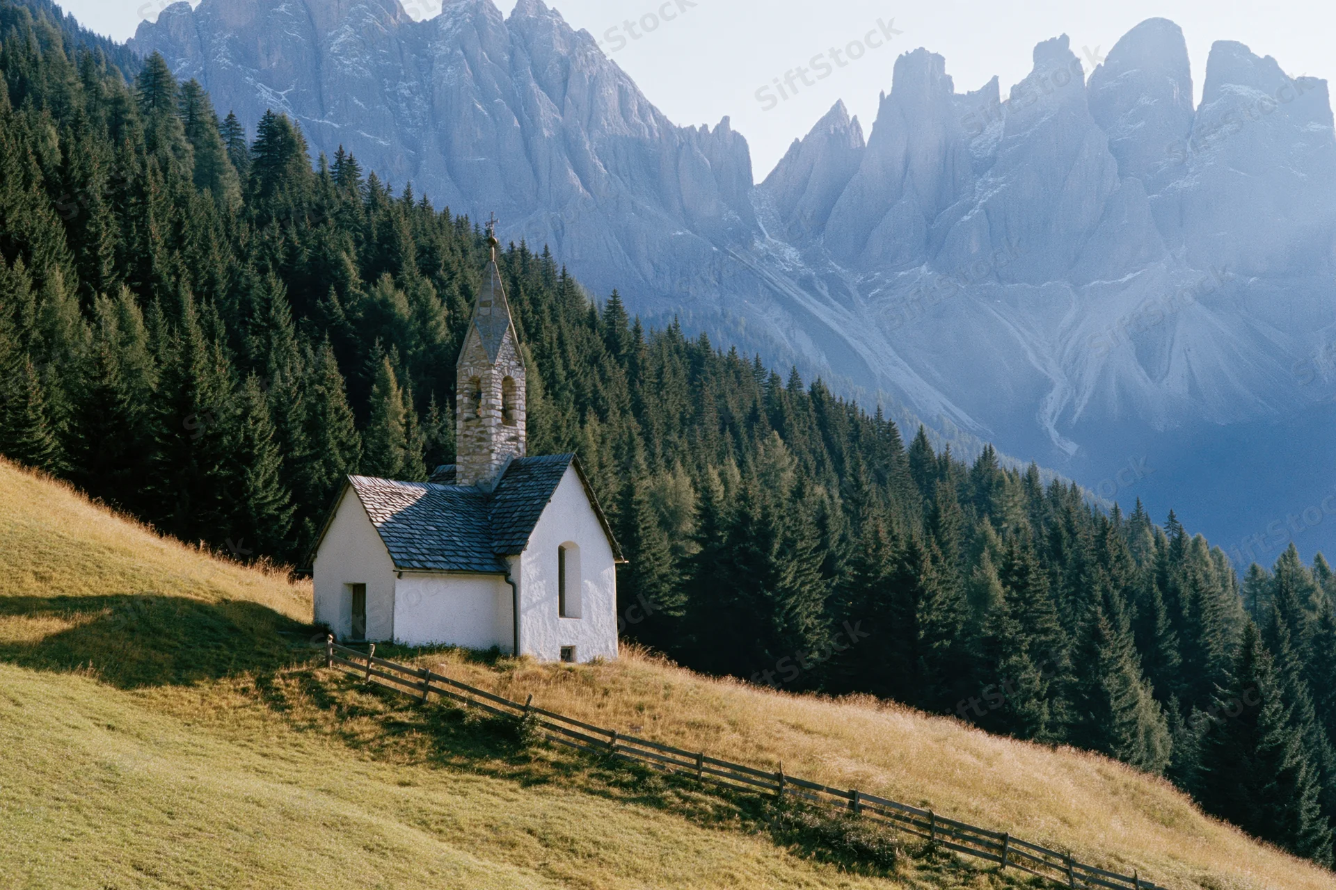Small white alpine chapel with stone bell tower on grassy hillside surrounded by pine forest and mountains