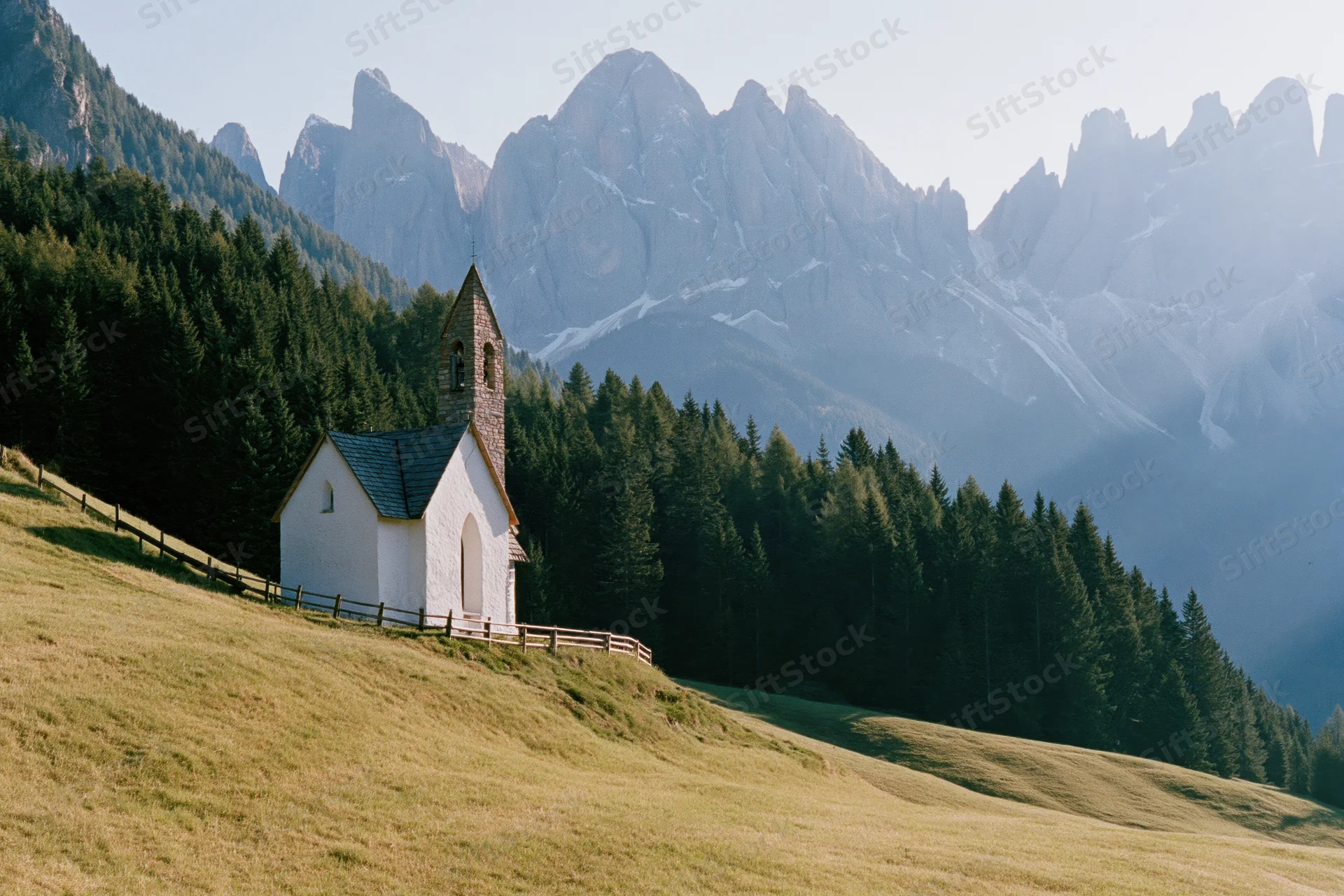 Small white alpine chapel with stone bell tower on grassy hillside surrounded by forest and mountains