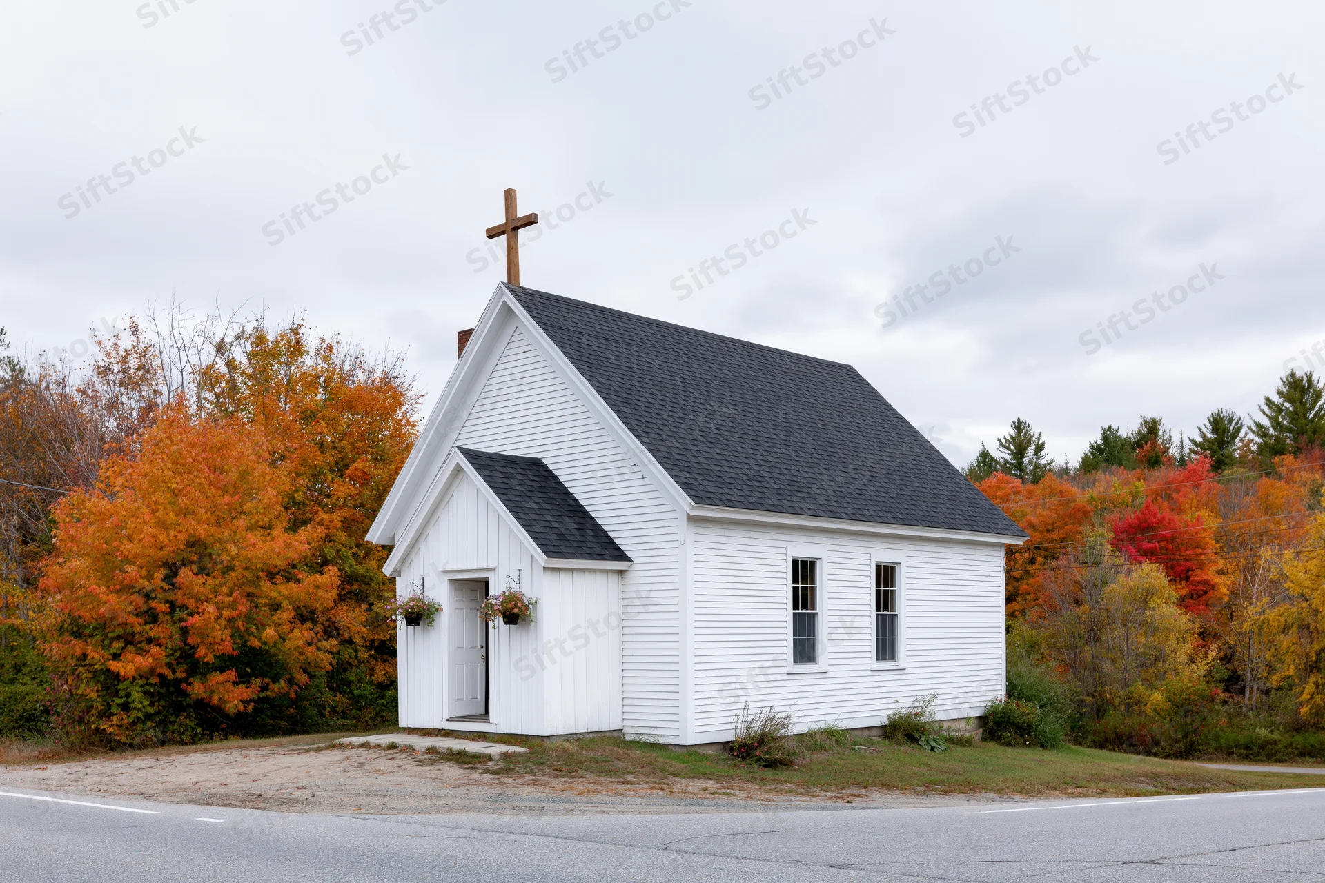 Small white clapboard church with wooden cross on roof surrounded by autumn foliage along a rural roadside