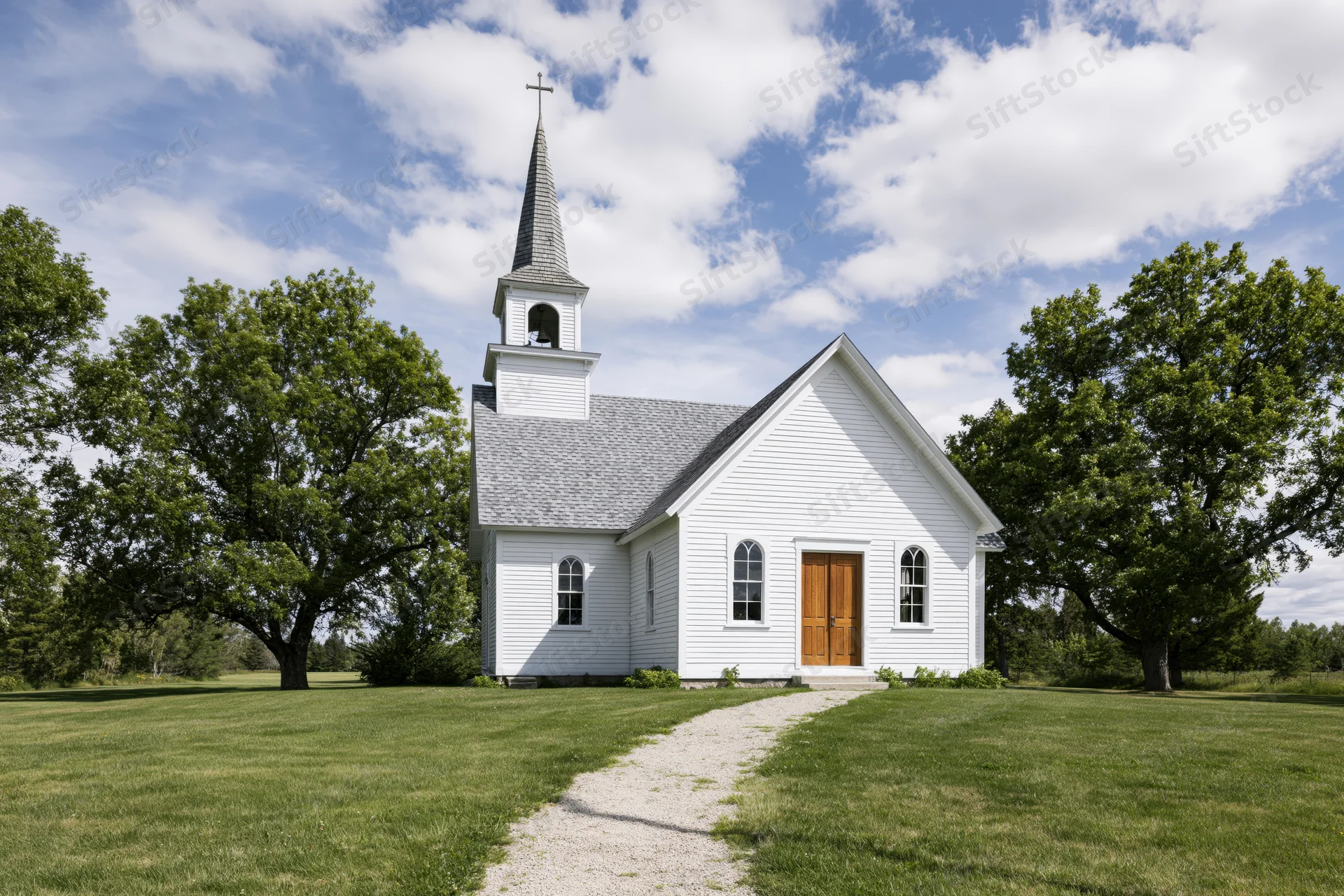 Small white clapboard church with pointed steeple and gravel path surrounded by green trees and grass under blue sky with clouds
