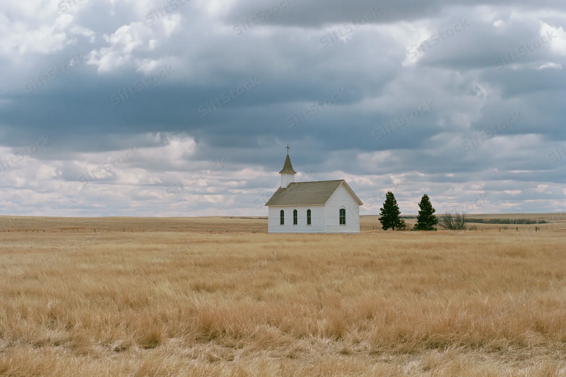 Small white clapboard church with steeple and cross standing alone in a dry grass field under cloudy sky