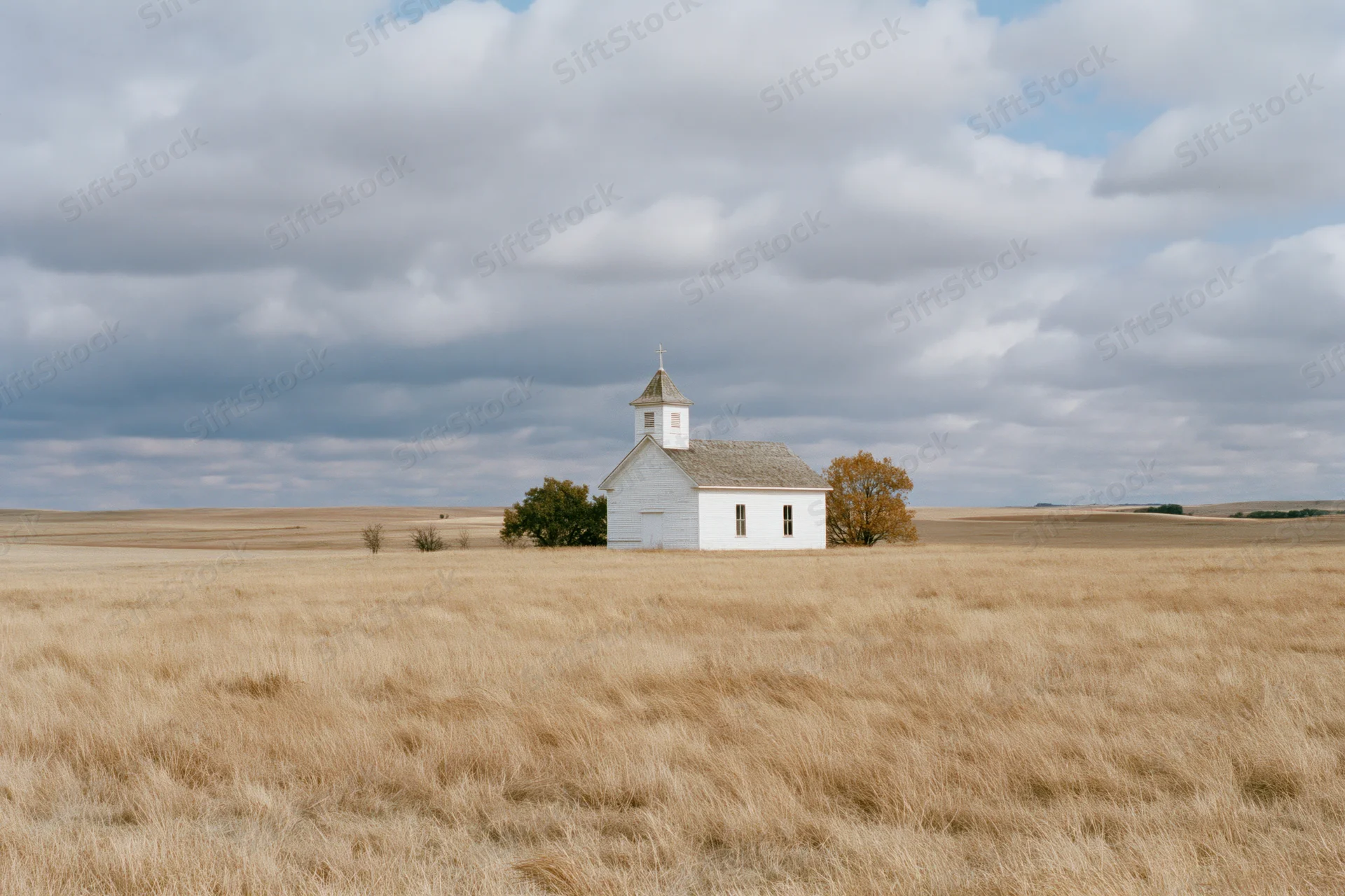 Small white clapboard church with steeple and cross standing alone in a dry grassy field under cloudy sky