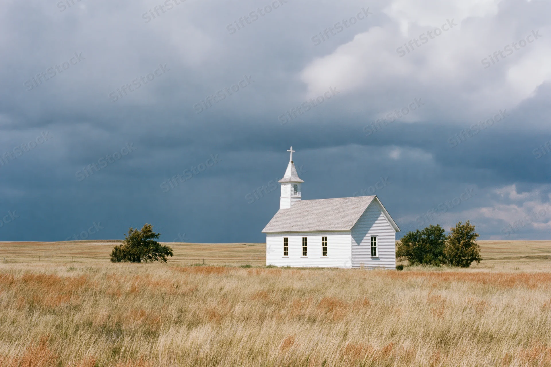 Small white clapboard church with steeple and cross standing in a grassy field under stormy sky