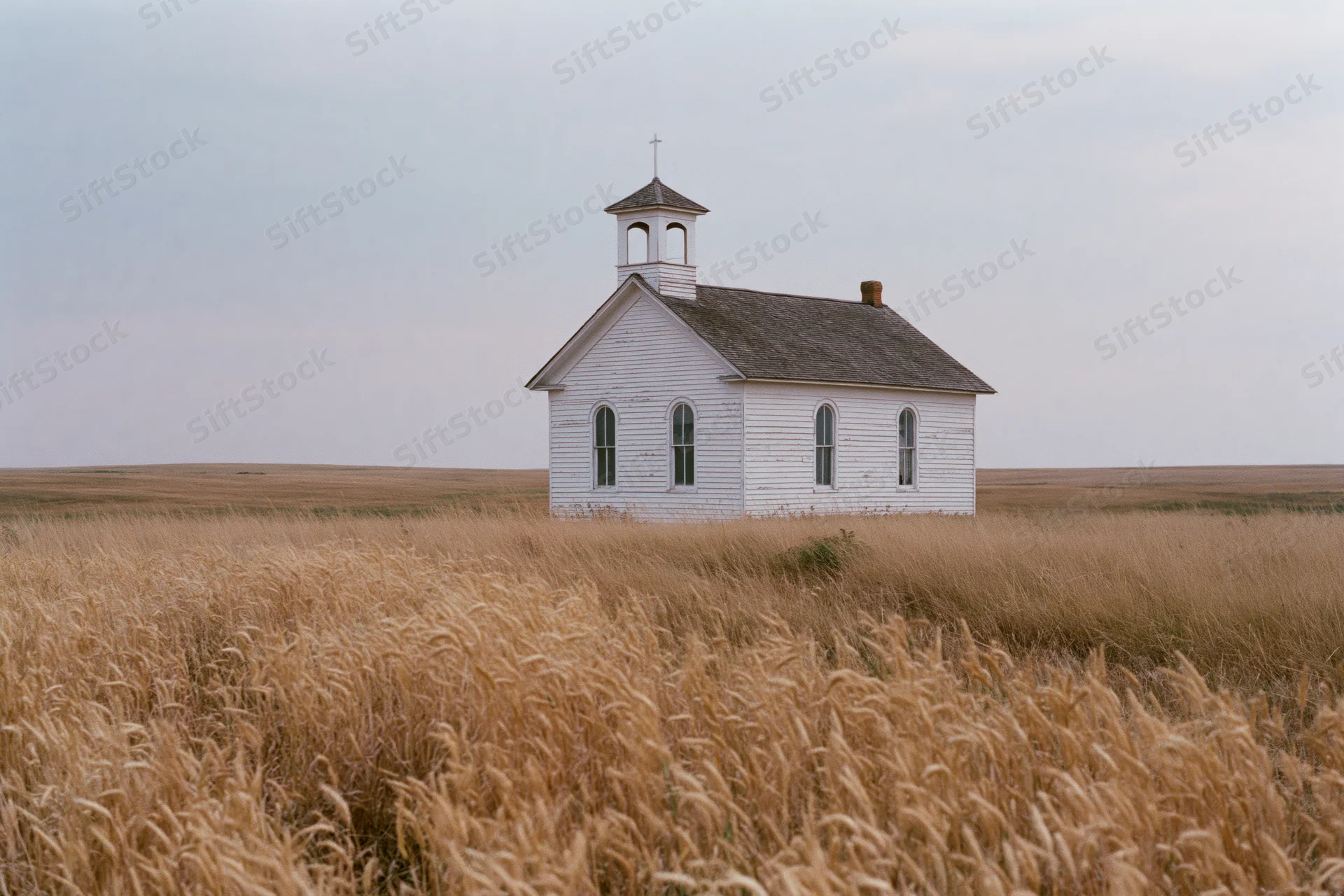 Small white clapboard church with bell steeple standing in a golden wheat field on an overcast day
