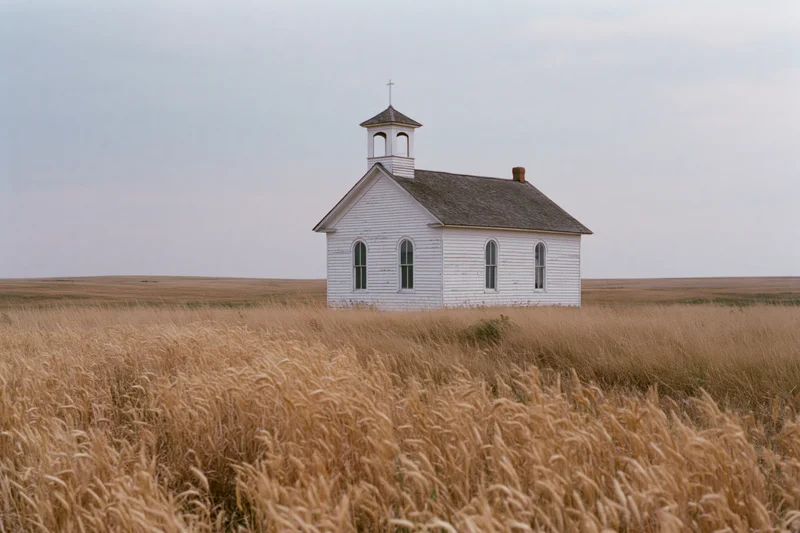 Small white clapboard church with bell steeple standing in a golden wheat field on an overcast day