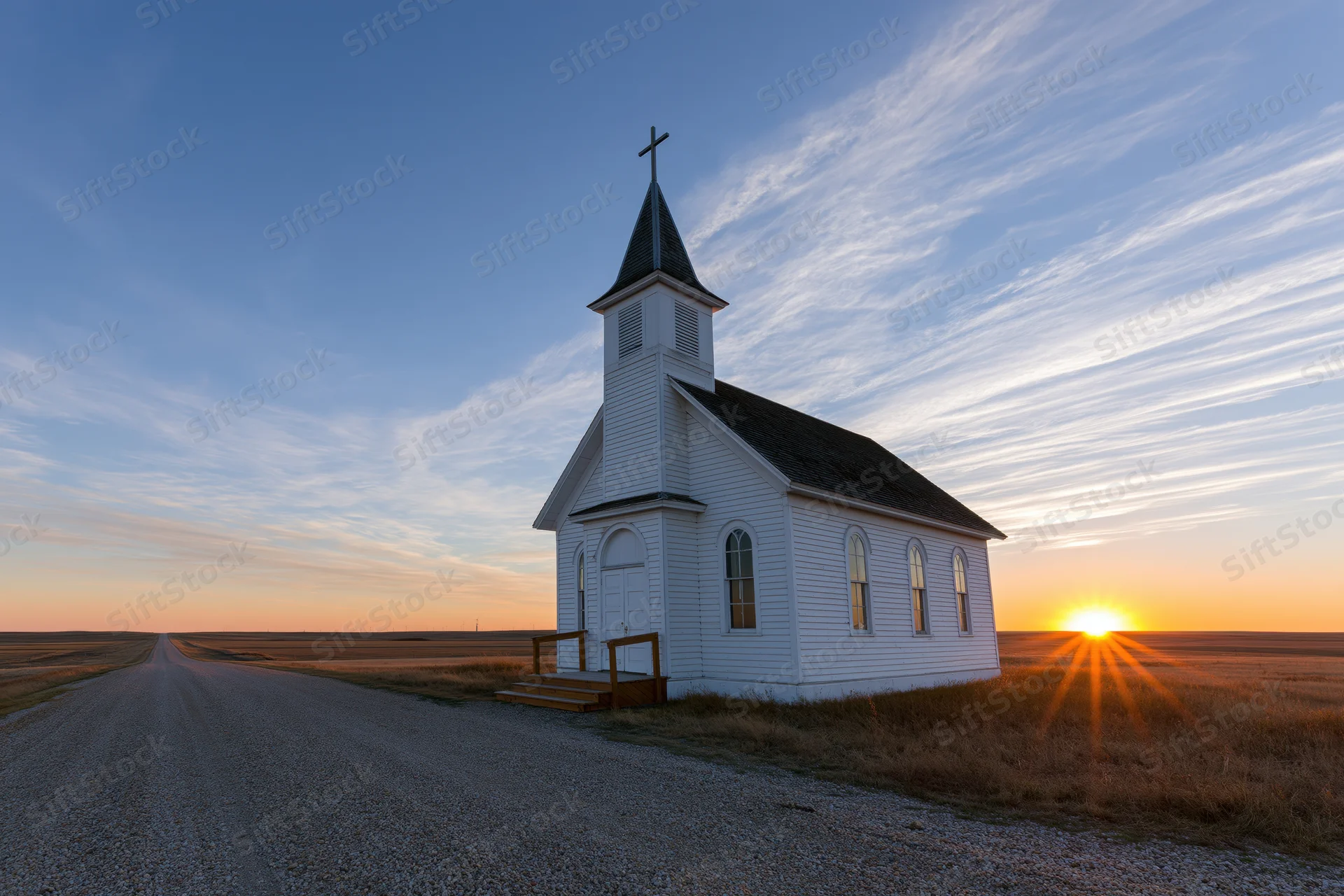 Small white clapboard church with steeple and cross at sunset beside a gravel road in open countryside