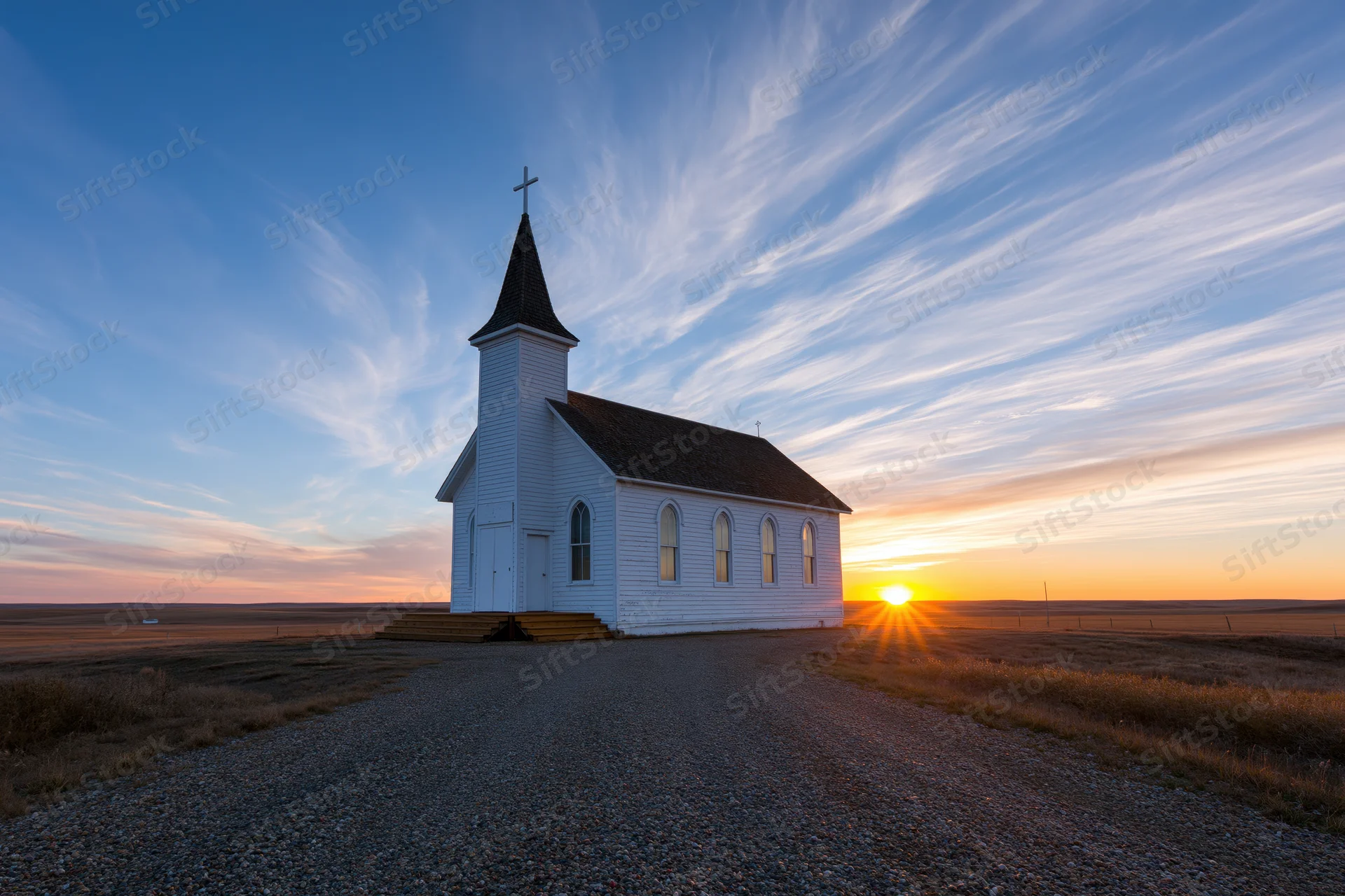 Small white clapboard church with steeple and cross at sunset in rural prairie landscape