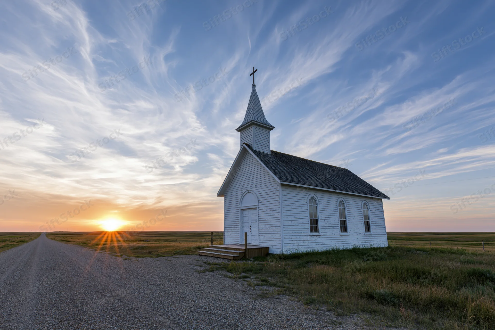 Small white clapboard church with steeple and cross at sunset on a gravel road in open prairie field