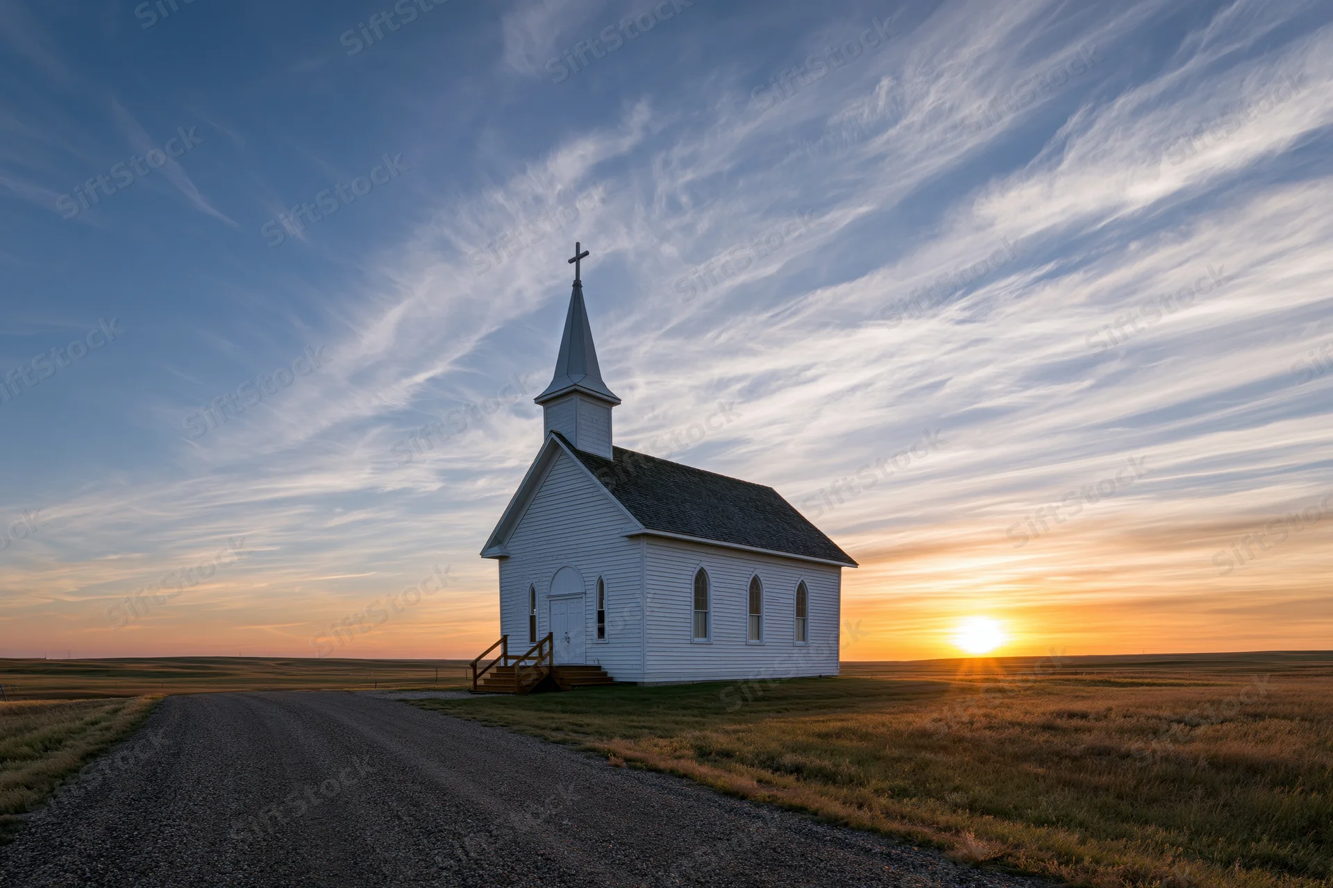 Small white clapboard church with steeple and cross at sunset on a rural gravel road in an open field