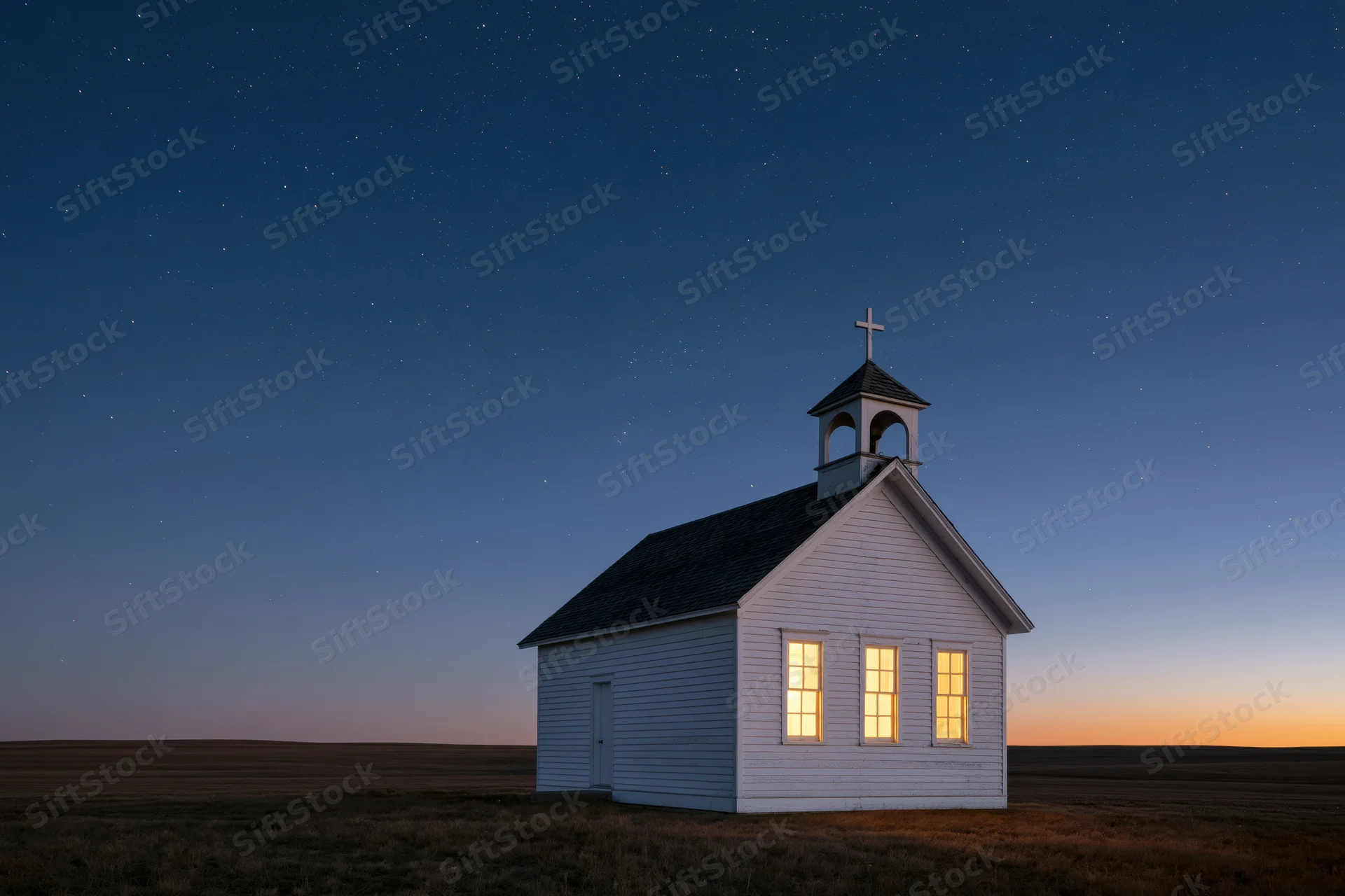 Small white clapboard church with bell tower and cross illuminated at twilight on prairie field