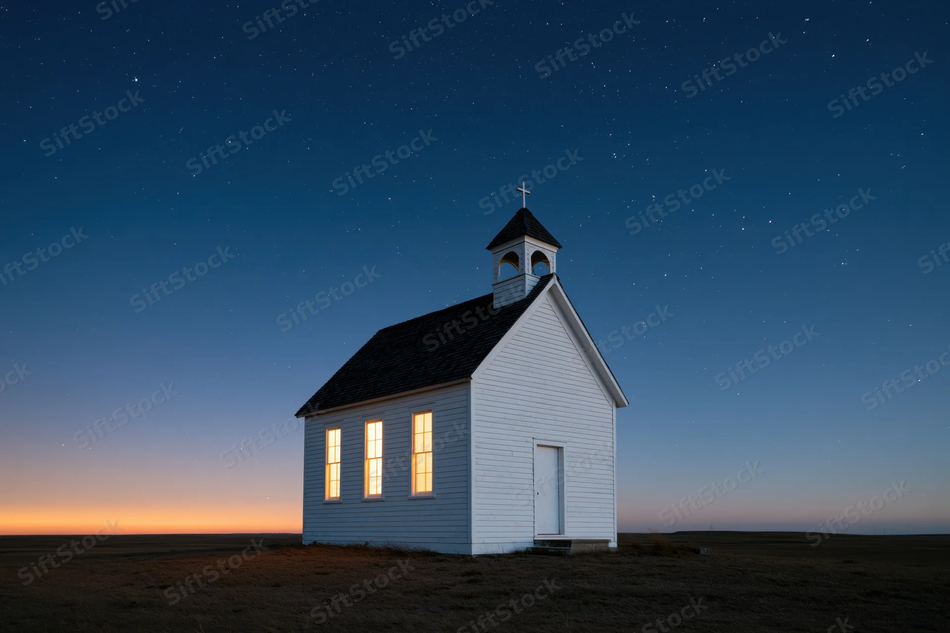 Small white clapboard church with bell tower and cross under starry sky on prairie at twilight