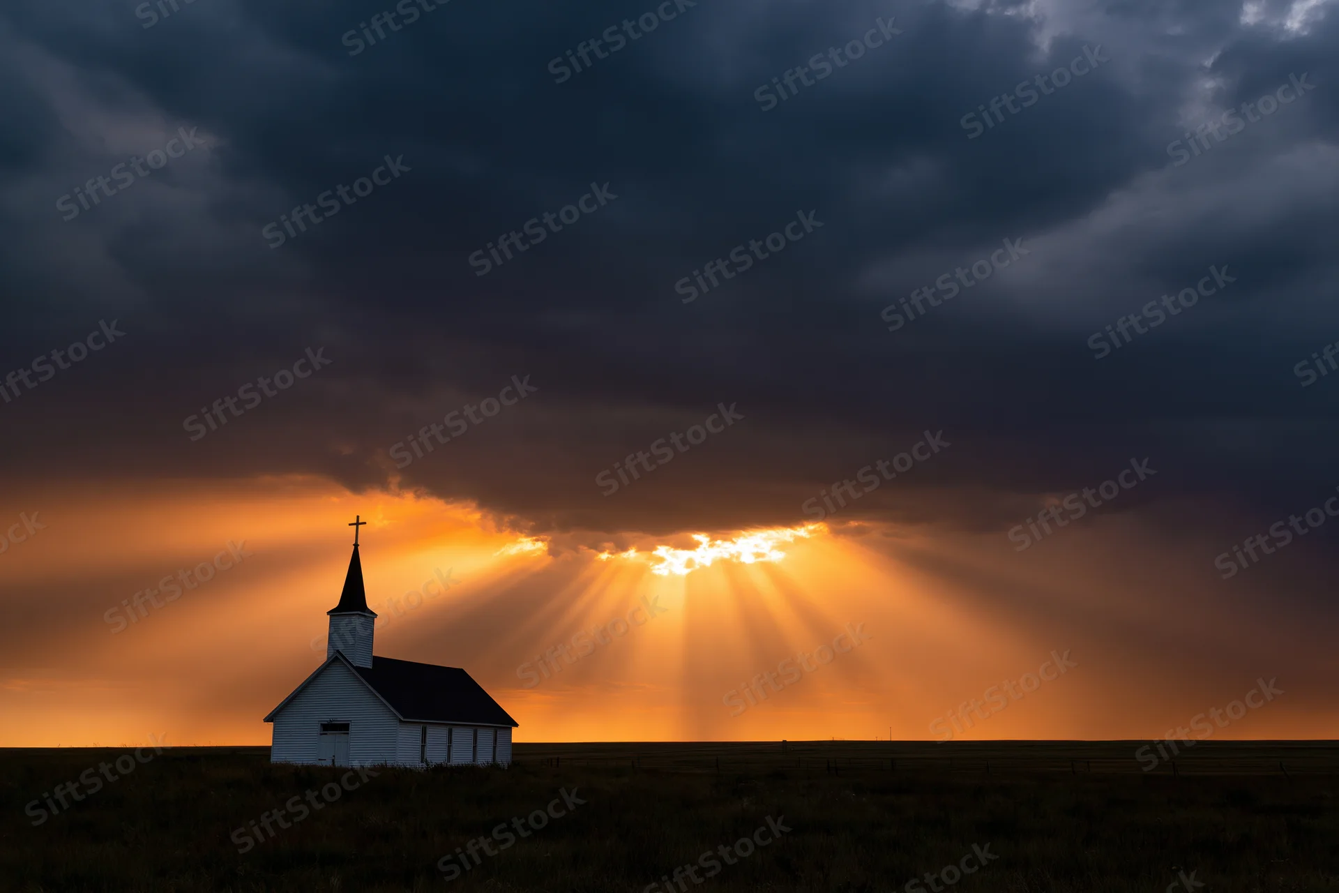 Small white country church silhouetted against dramatic sunset sky with sun rays breaking through clouds over prairie field