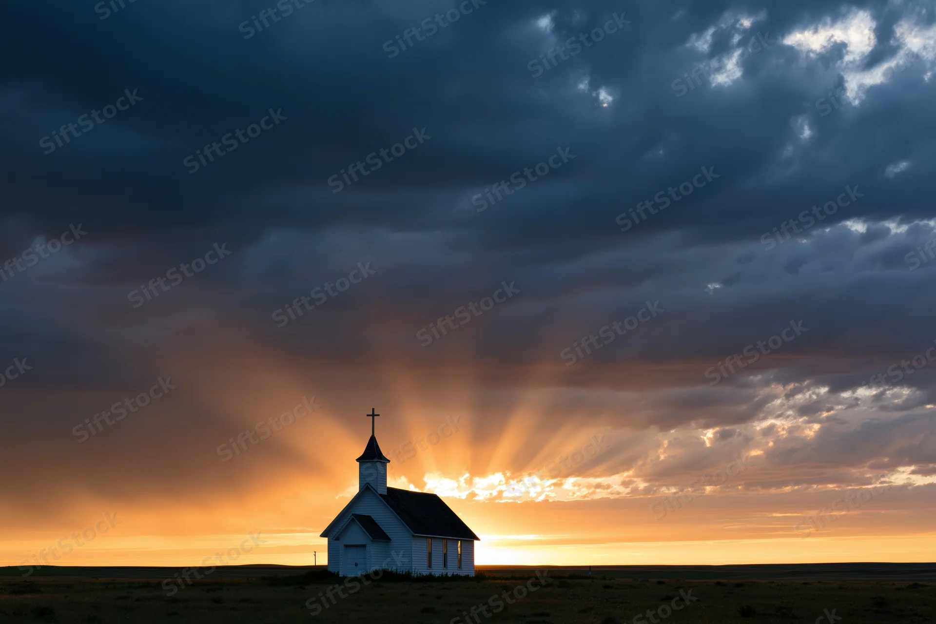 Small white country church silhouetted against dramatic sunset sky with sun rays breaking through clouds