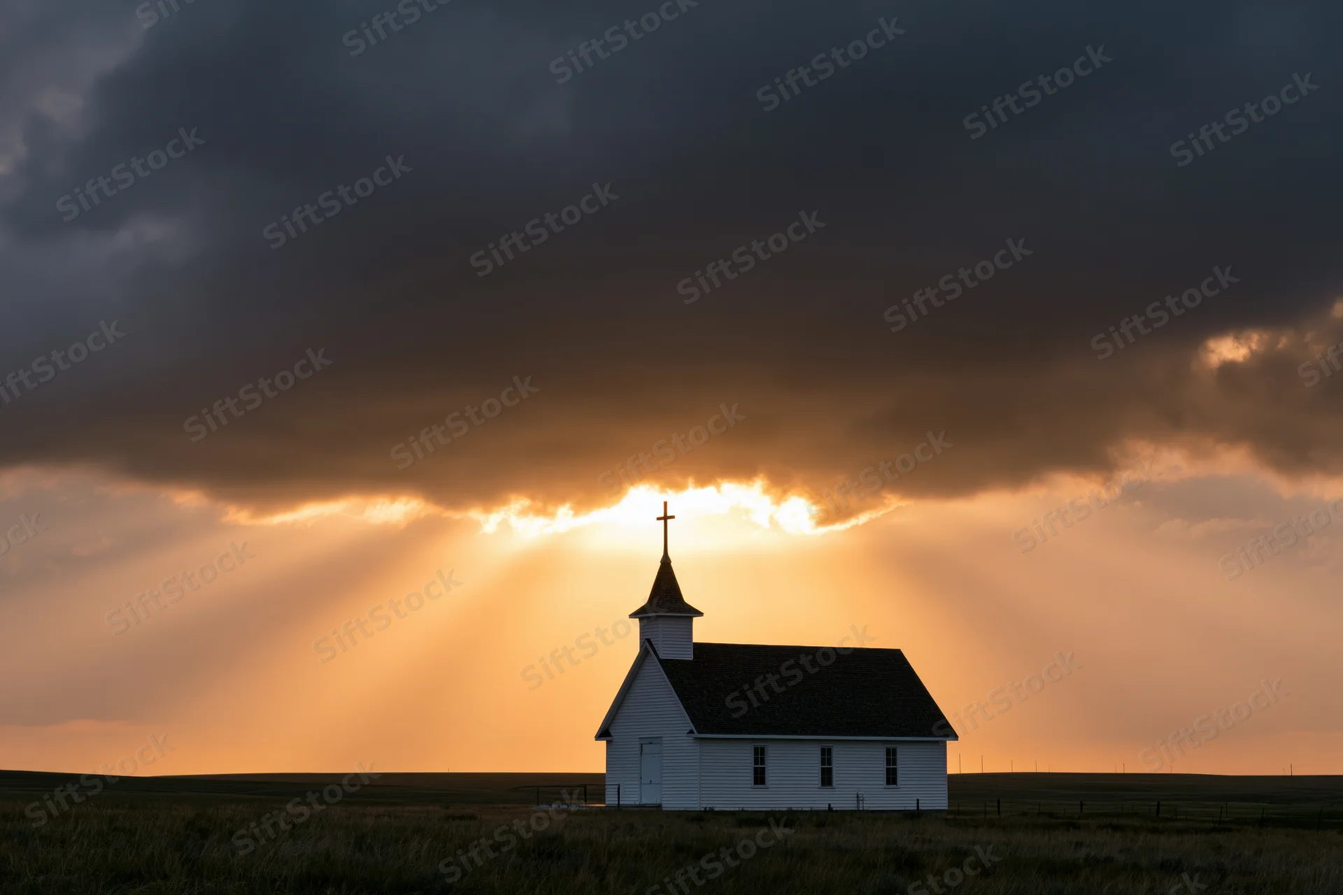 Small white country church silhouetted against dramatic sunset sky with sun rays breaking through clouds over open field