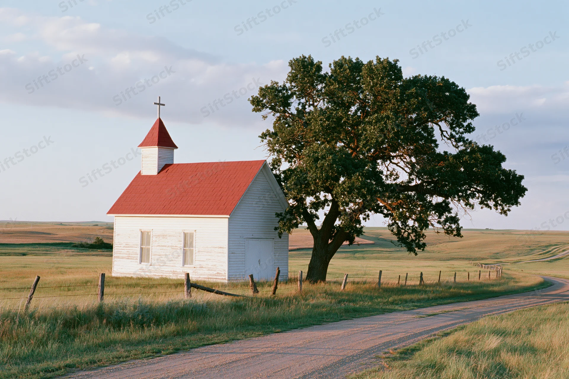 Small white country church with red roof and steeple cross beside a tree in a grassy field along a dirt road