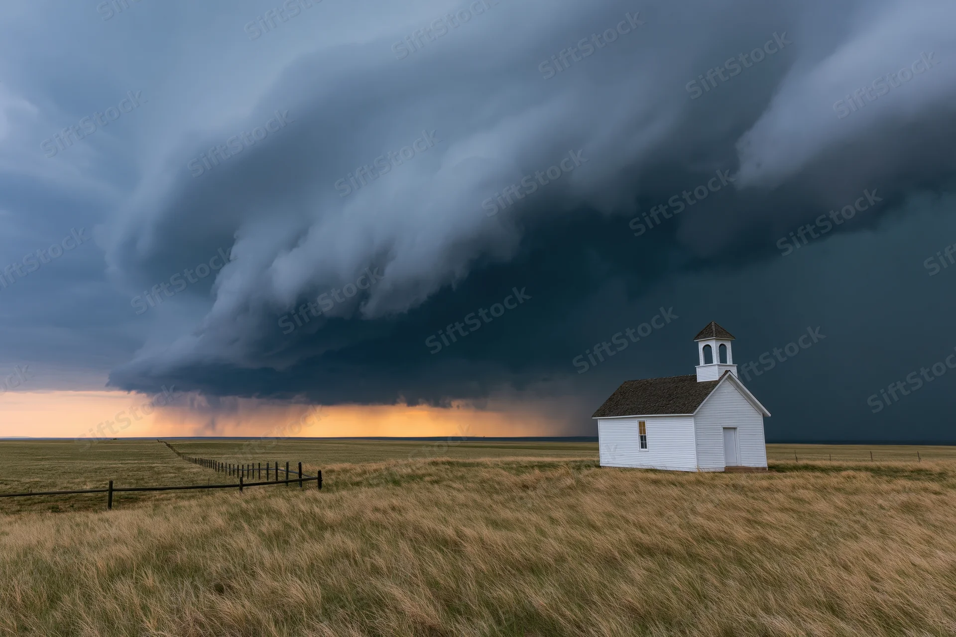 Small white prairie church with bell tower standing alone in a grassy field under a massive storm cloud at sunset