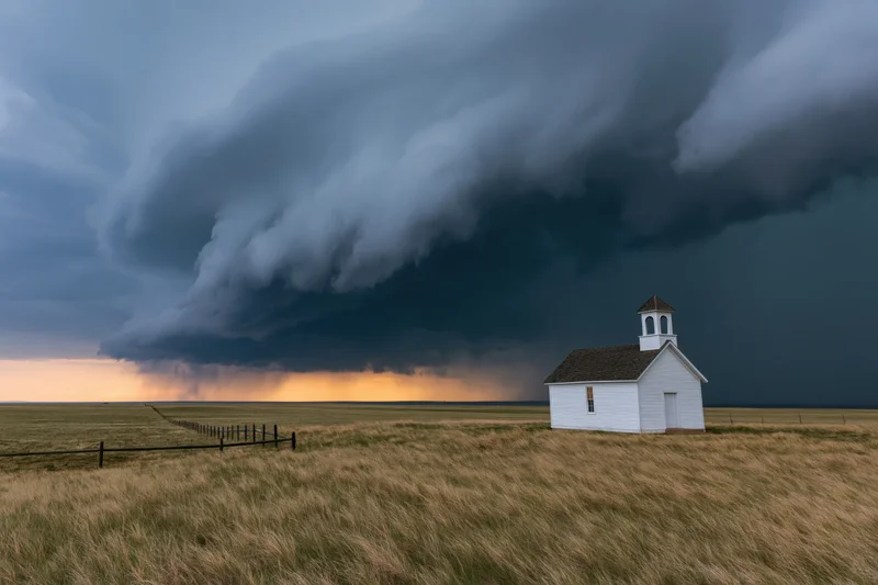 Small white prairie church with bell tower standing alone in a grassy field under a massive storm cloud at sunset