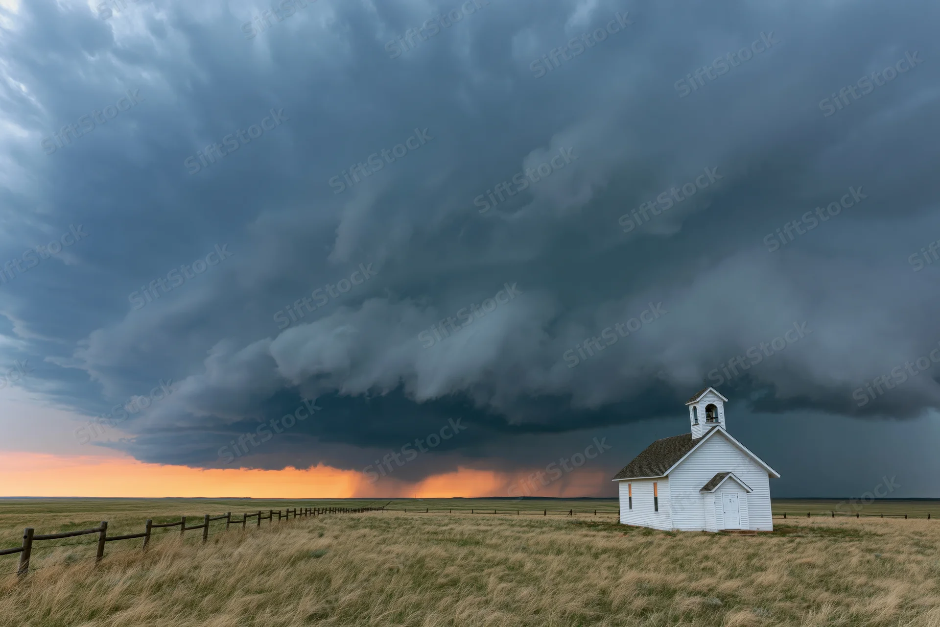 Small white church with bell tower standing alone on prairie under stormy sky at twilight