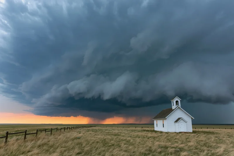 Small white church with bell tower standing alone on prairie under stormy sky at twilight
