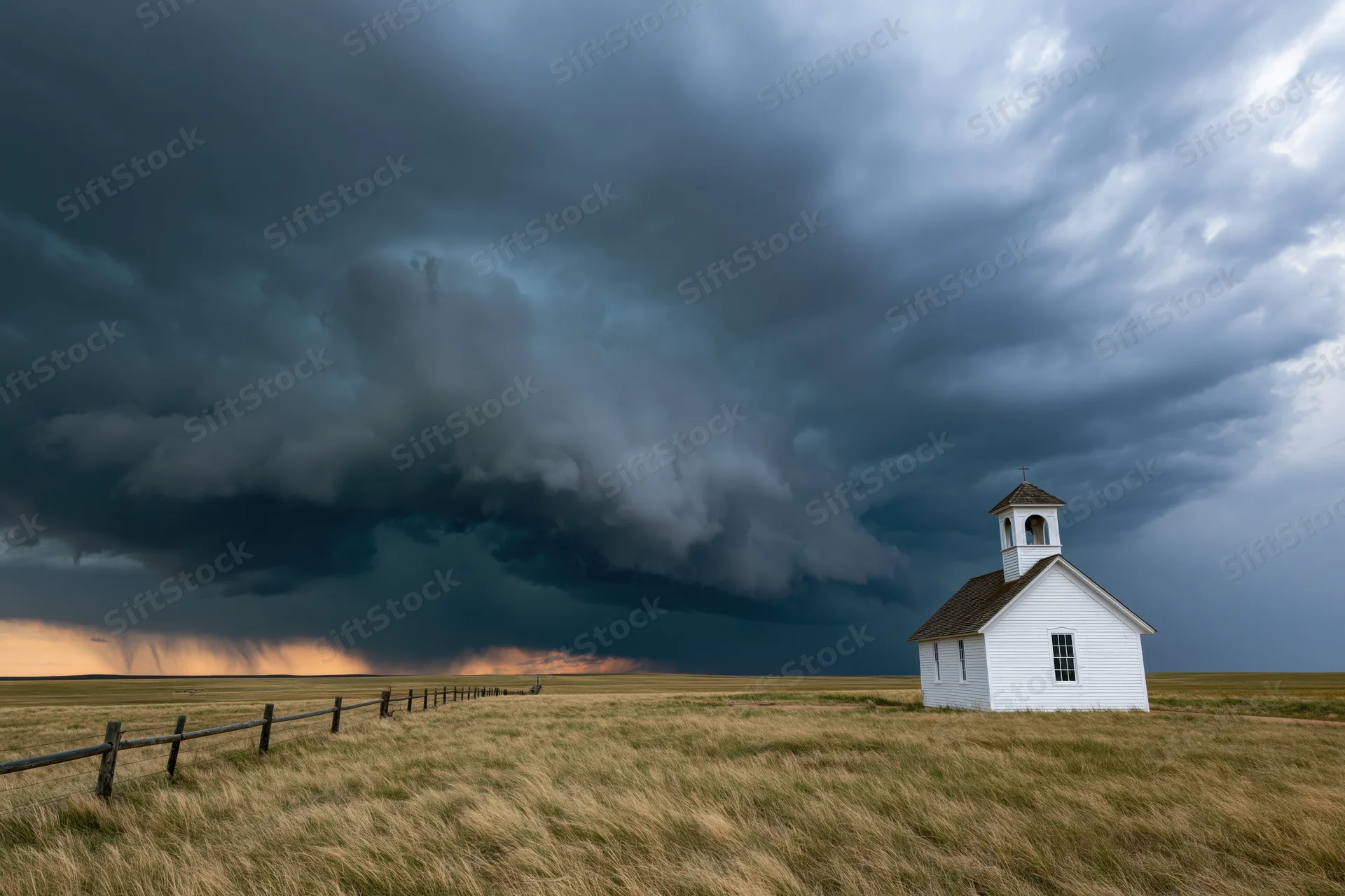 Small white prairie church with bell tower standing alone in a grassy field under dark storm clouds