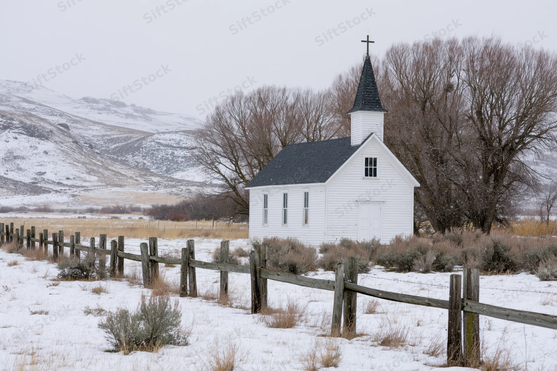 Small white rural church with dark steeple and cross standing in snowy field near wooden fence and bare trees