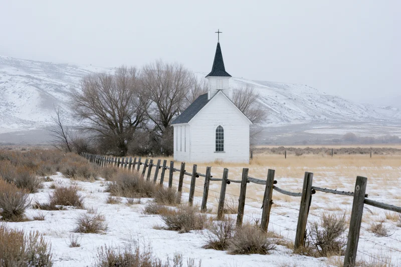 Small white rural church with dark steeple and cross standing in snowy field near wooden fence and bare trees
