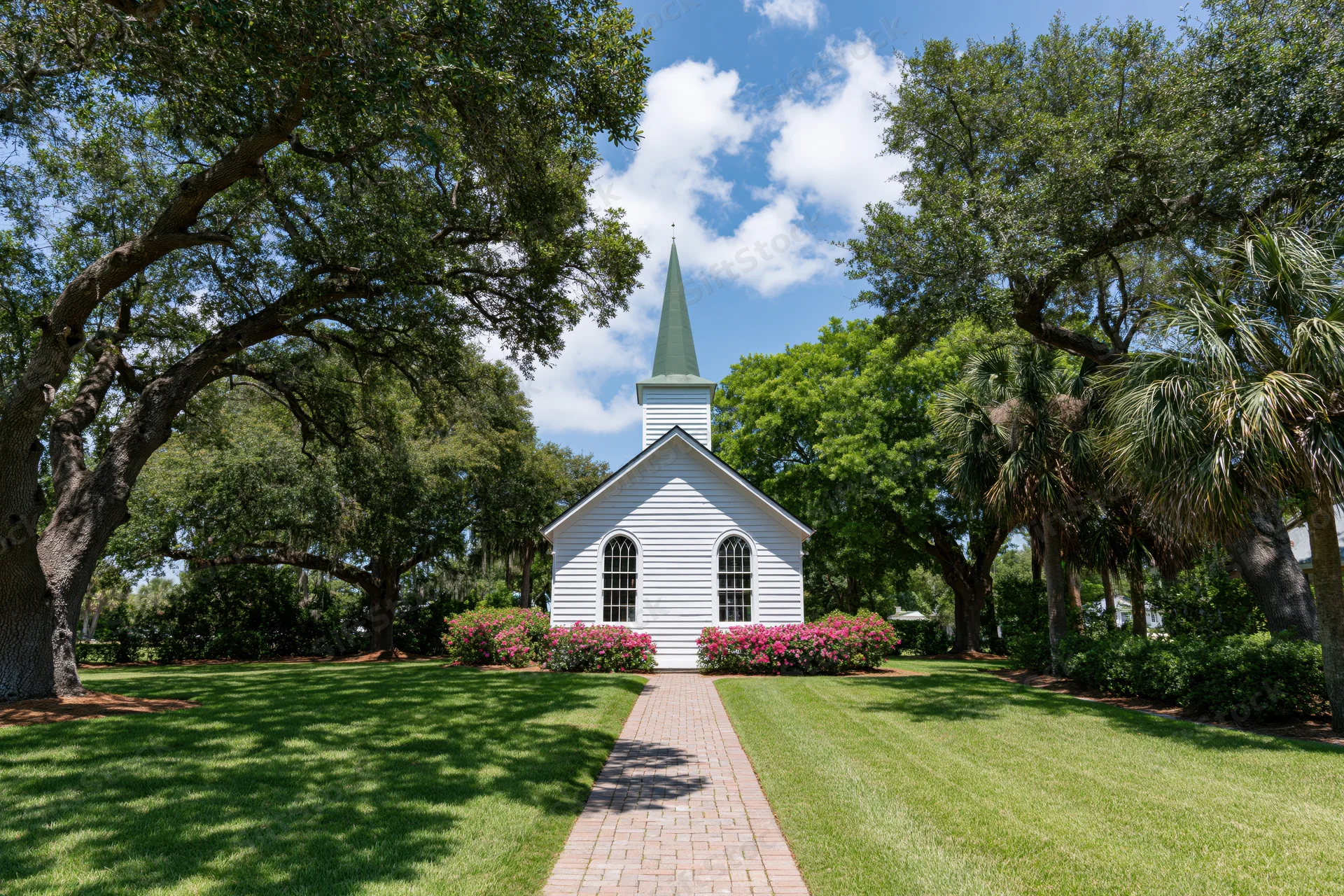 Small white wooden chapel with green steeple centered along brick pathway through grassy garden with trees and flowers