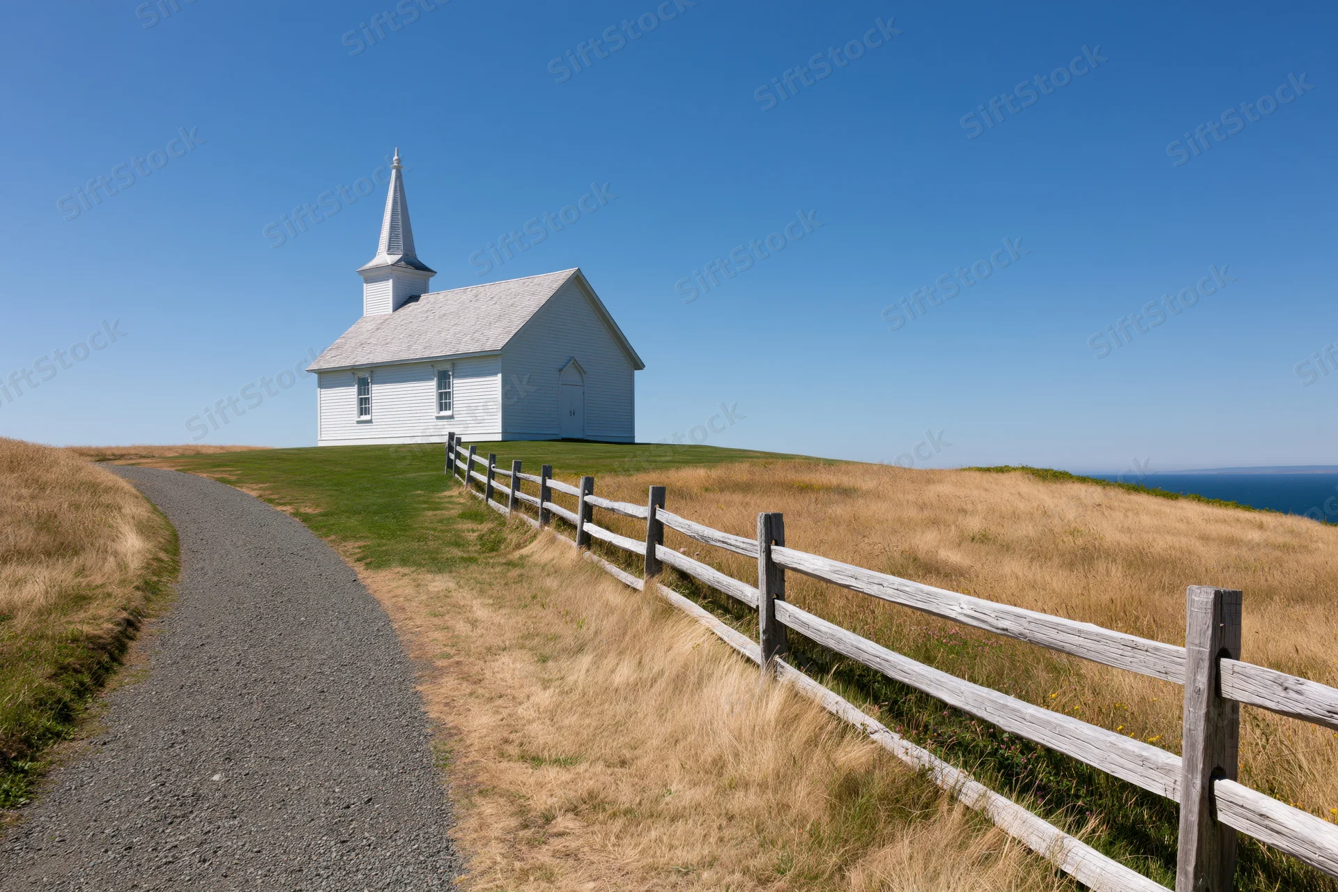 Small white wooden church with pointed steeple on grassy hill beside gravel path and wooden fence overlooking ocean