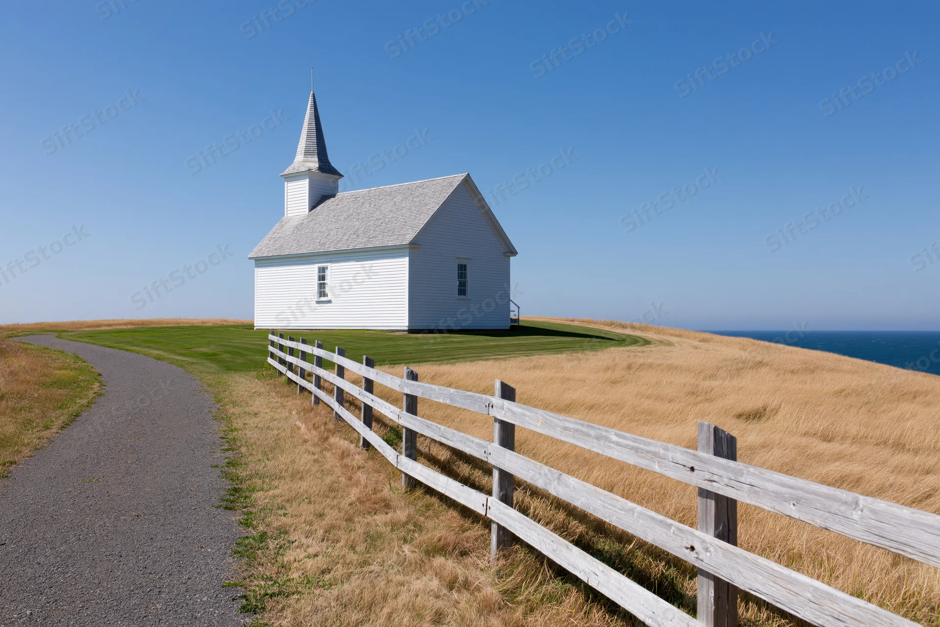 Small white wooden church with pointed steeple on grassy hill overlooking ocean, beside gravel path and wooden fence