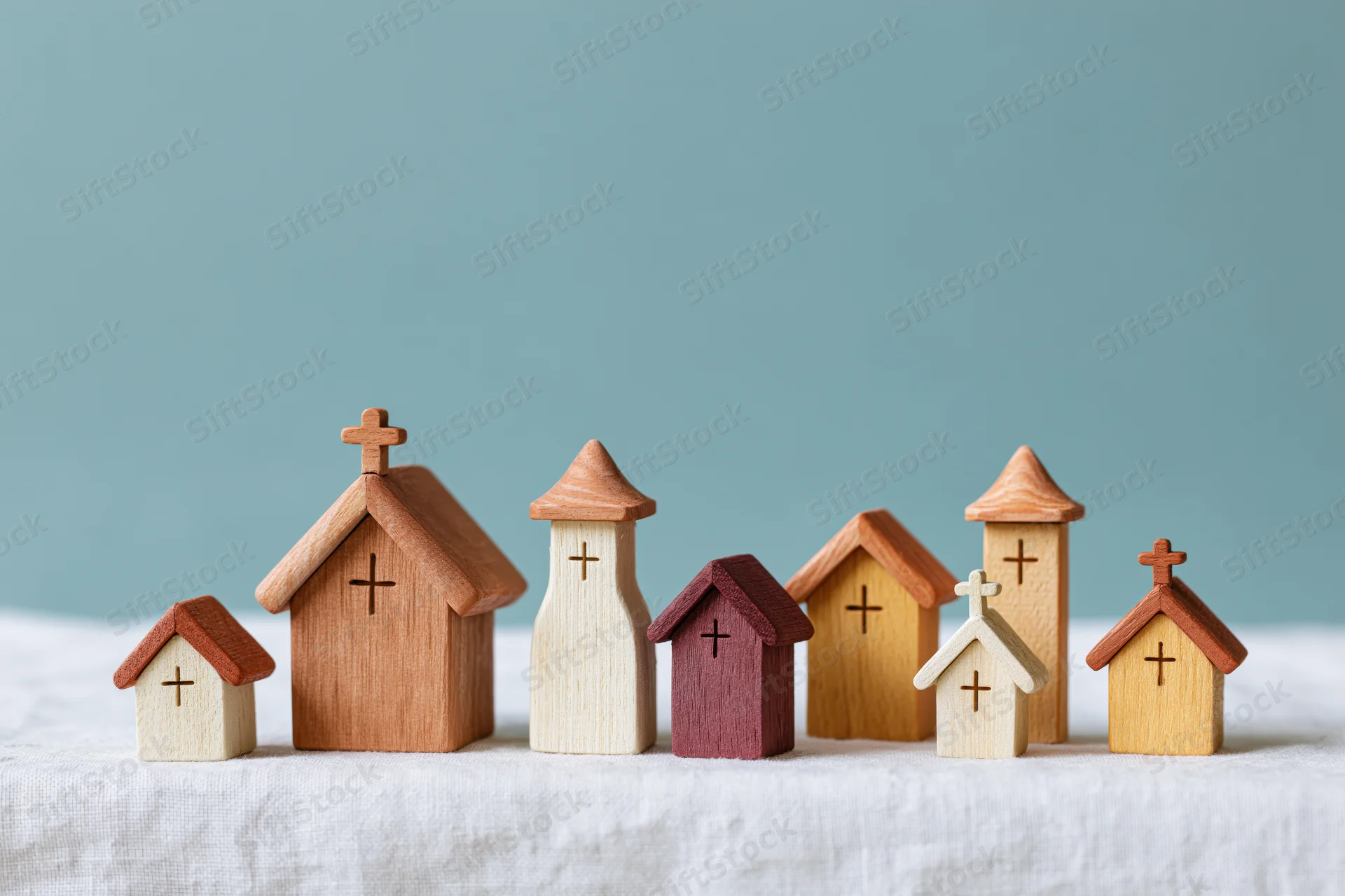 Wooden miniature church figurines arranged in a row on a white surface against a blue background