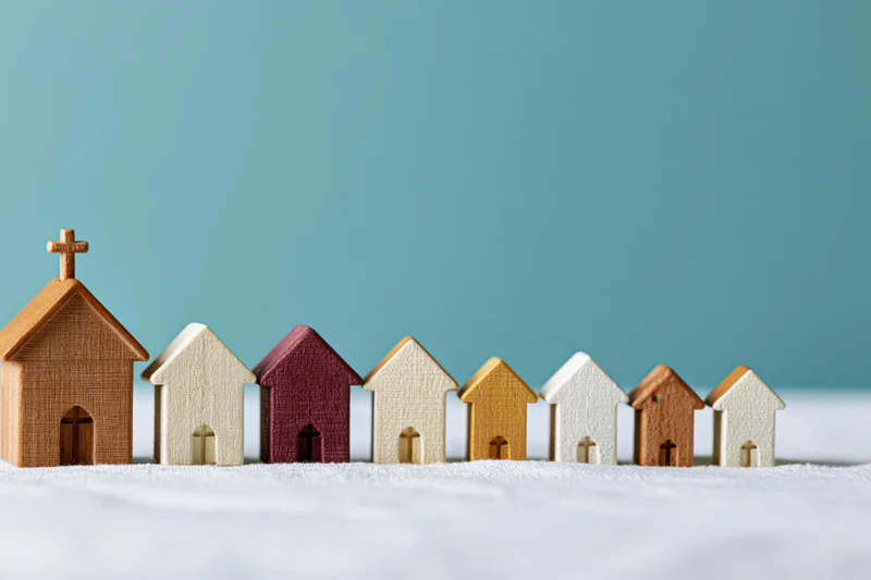 Wooden miniature church and houses arranged in a row on a white surface against a teal background