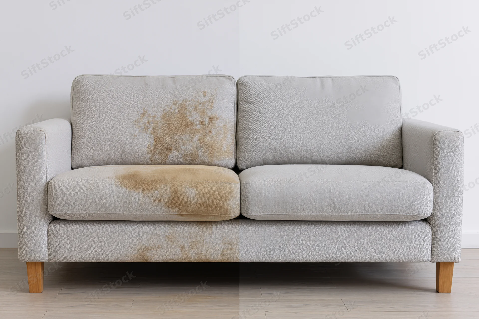 Split-frame view of a light grey fabric sofa showing stained left half and clean right half against white wall in living room