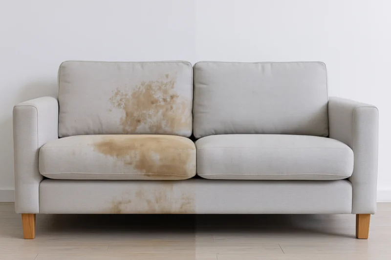 Split-frame view of a light grey fabric sofa showing stained left half and clean right half against white wall in living room