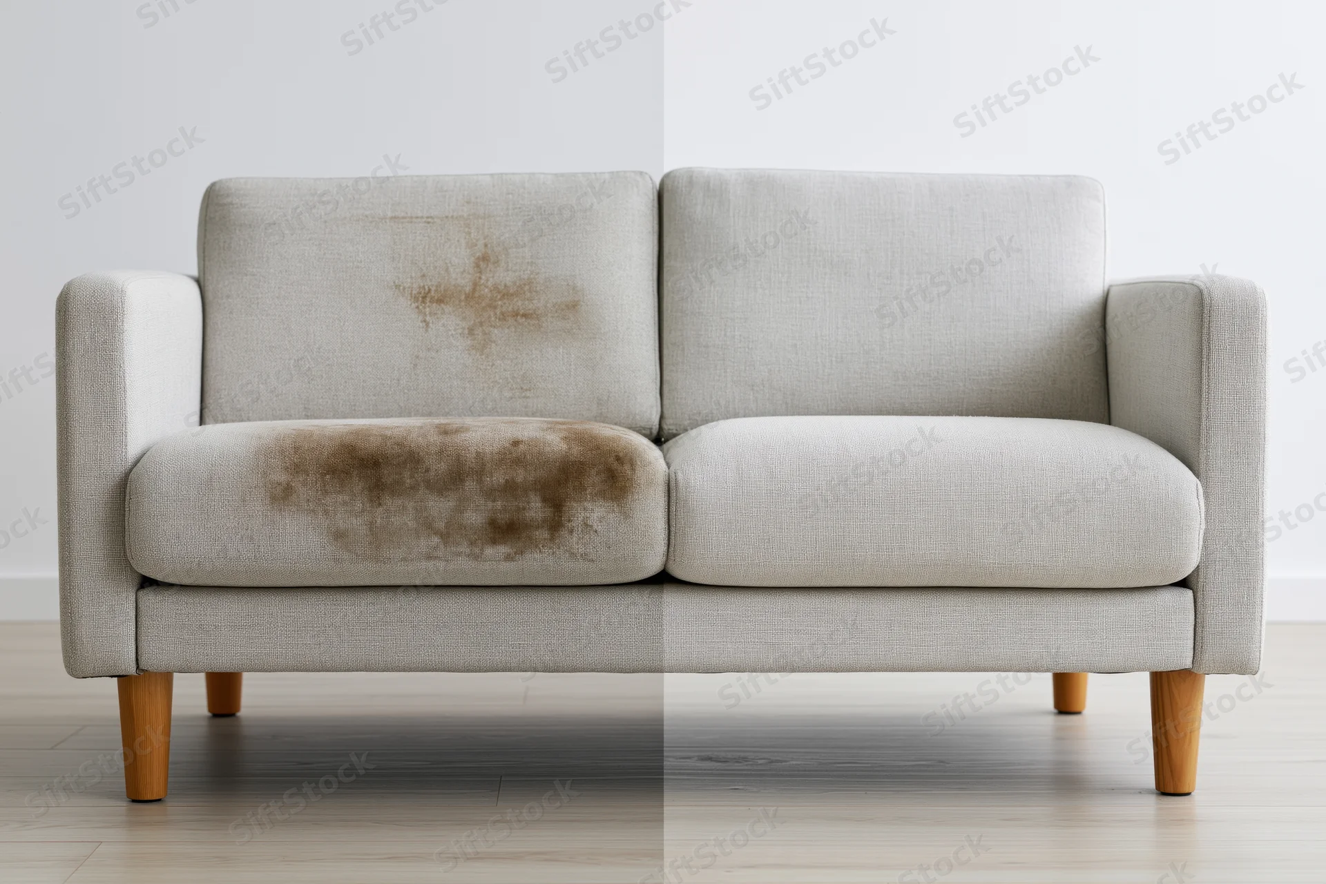 Split-frame comparison of a light grey fabric sofa showing stained left half and clean right half in a minimalist living room