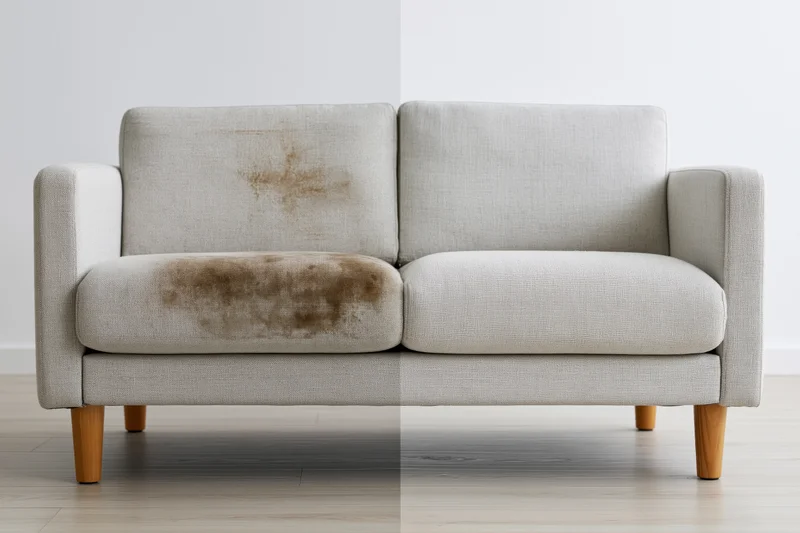 Split-frame comparison of a light grey fabric sofa showing stained left half and clean right half in a minimalist living room
