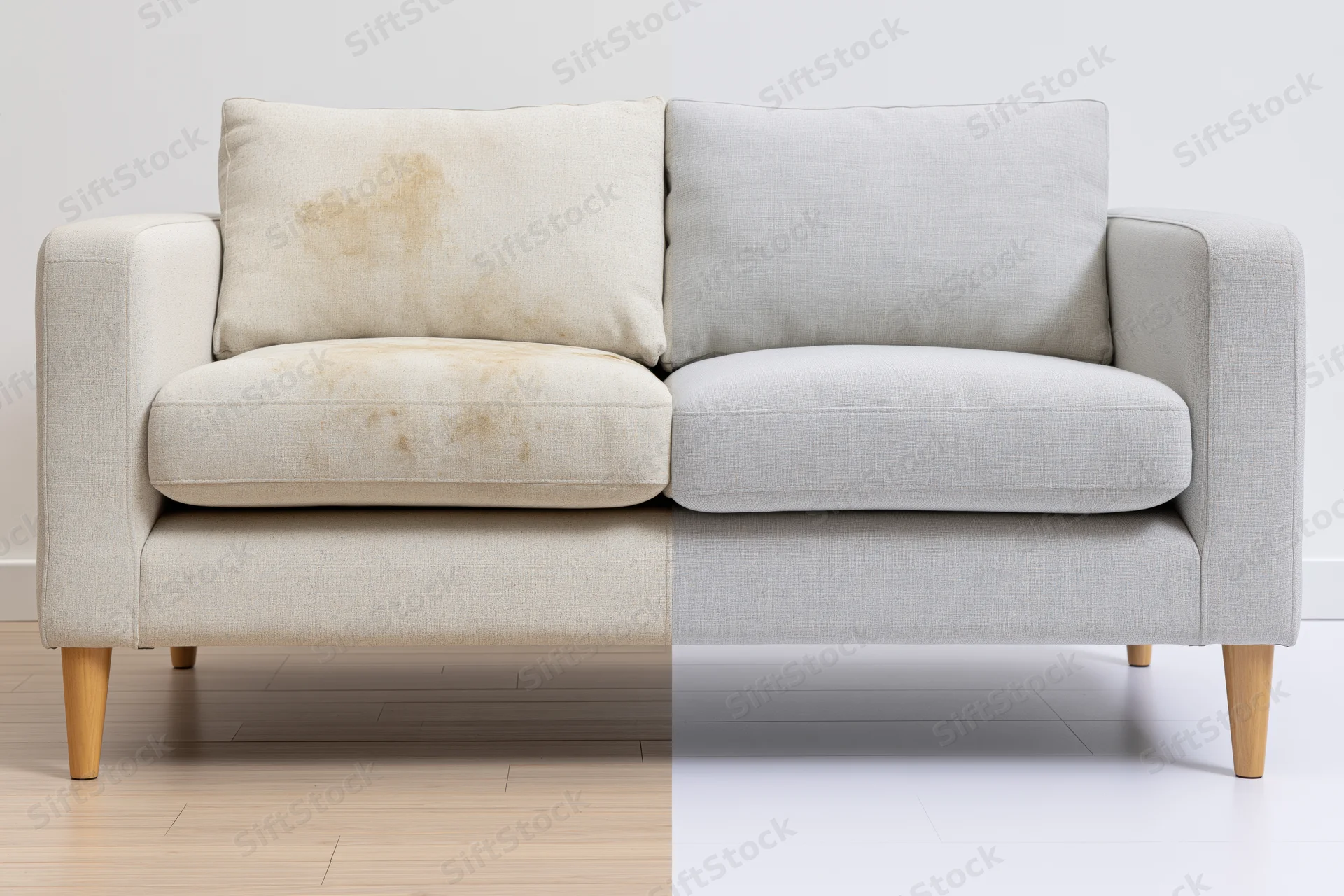 Split-frame view of a light grey fabric sofa showing dirty left half and clean right half in a living room setting