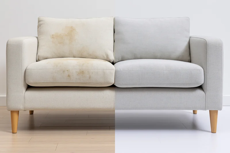 Split-frame view of a light grey fabric sofa showing dirty left half and clean right half in a living room setting