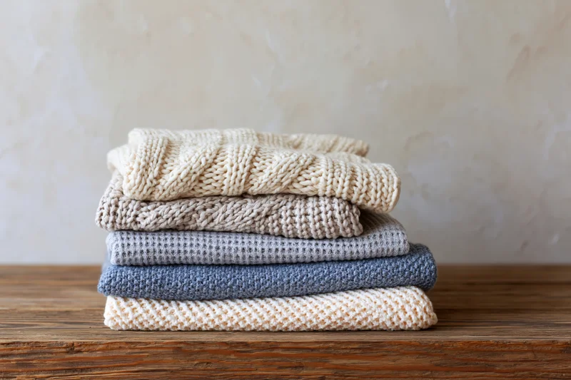 Stack of folded knit sweaters in neutral tones on a rustic wooden table