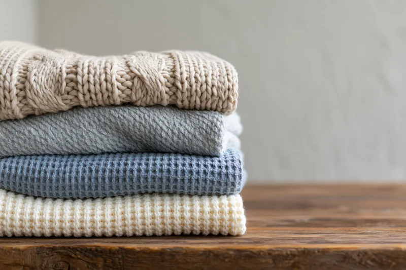 Stack of four folded knit sweaters on a rustic wooden table