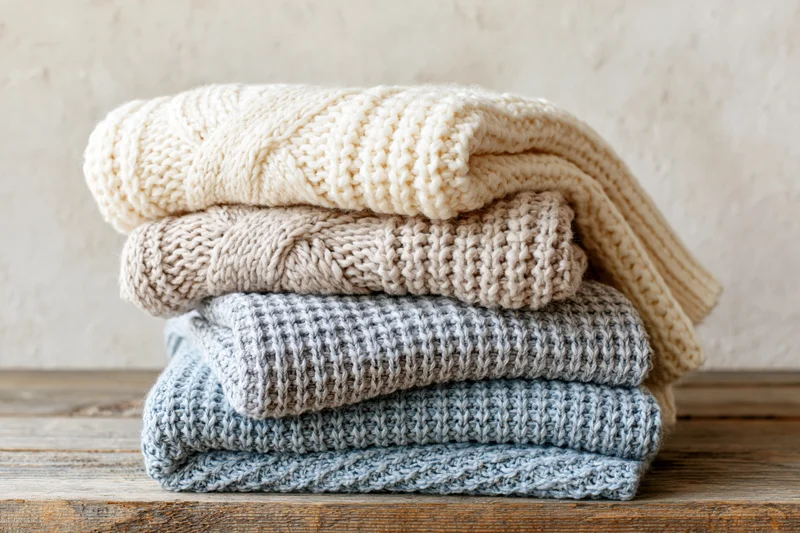 Stack of four folded knit sweaters in neutral tones on a rustic wooden table