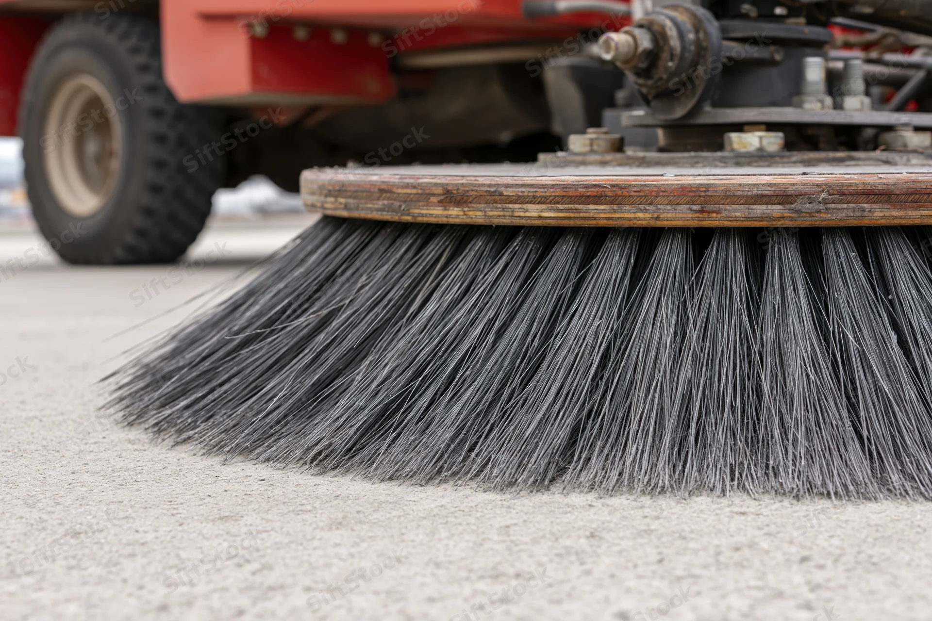 Closeup of large circular brush on street sweeper machine sweeping pavement