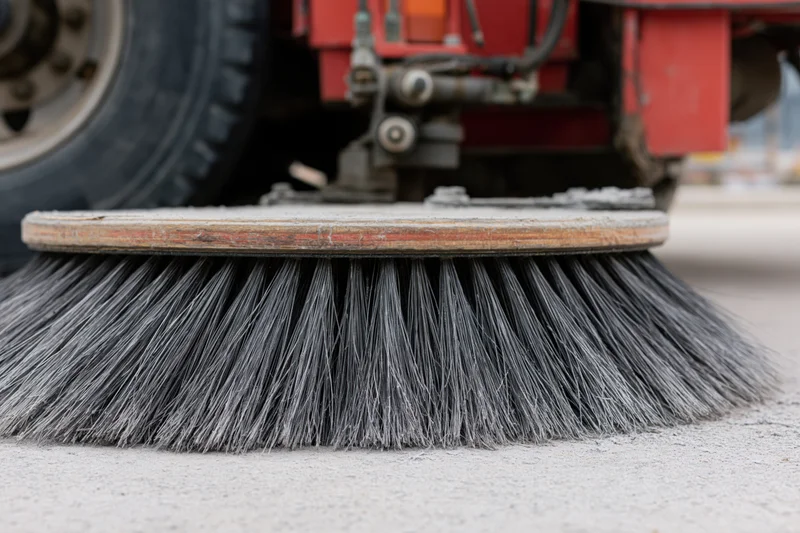 Close-up of large circular brush on street sweeper machine sweeping pavement